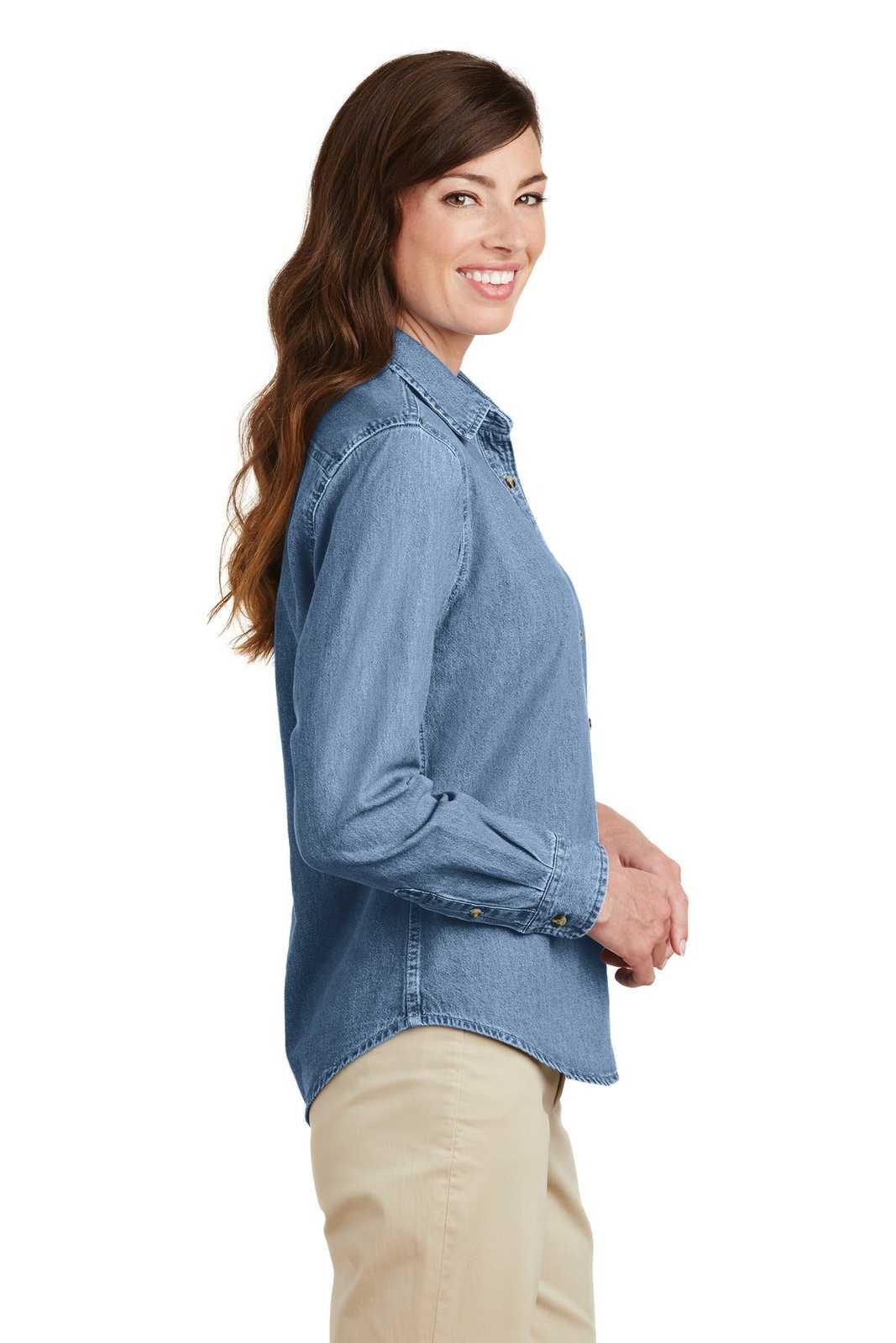 Port &amp; Company LSP10 Ladies Long Sleeve Value Denim Shirt - Faded Blue - HIT a Double - 3
