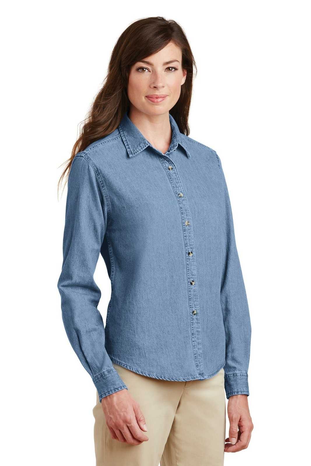 Port &amp; Company LSP10 Ladies Long Sleeve Value Denim Shirt - Faded Blue - HIT a Double - 4