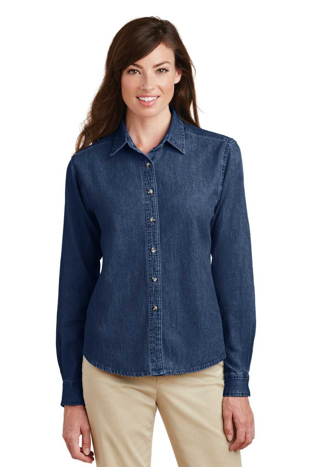 Port &amp; Company LSP10 Ladies Long Sleeve Value Denim Shirt - Ink Blue - HIT a Double - 1