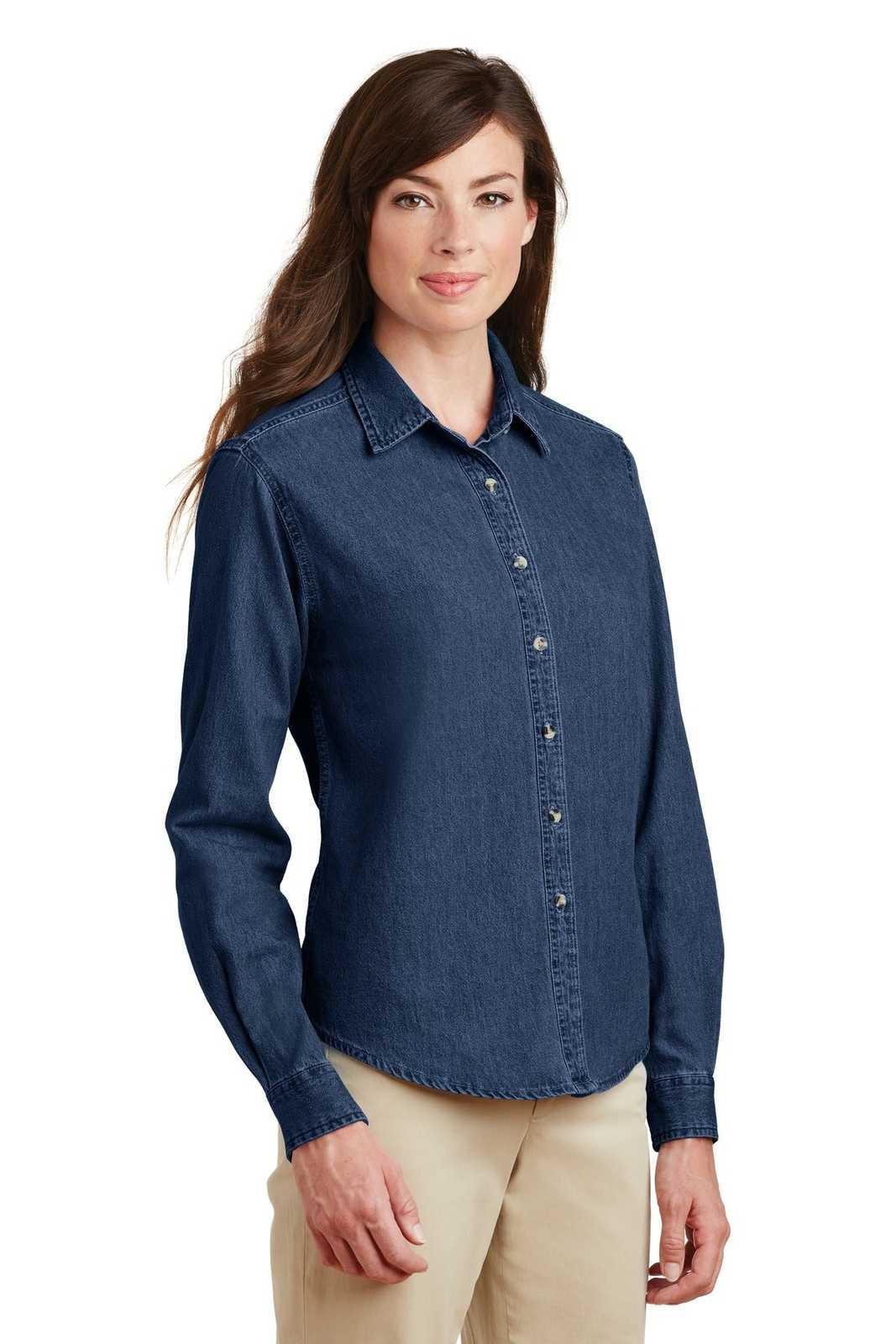 Port &amp; Company LSP10 Ladies Long Sleeve Value Denim Shirt - Ink Blue - HIT a Double - 4