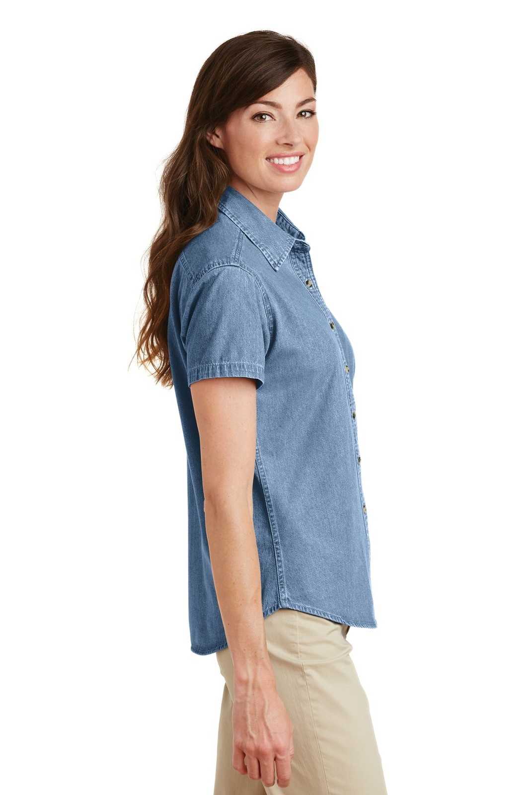 Port &amp; Company LSP11 Ladies Short Sleeve Value Denim Shirt - Faded Blue - HIT a Double - 3