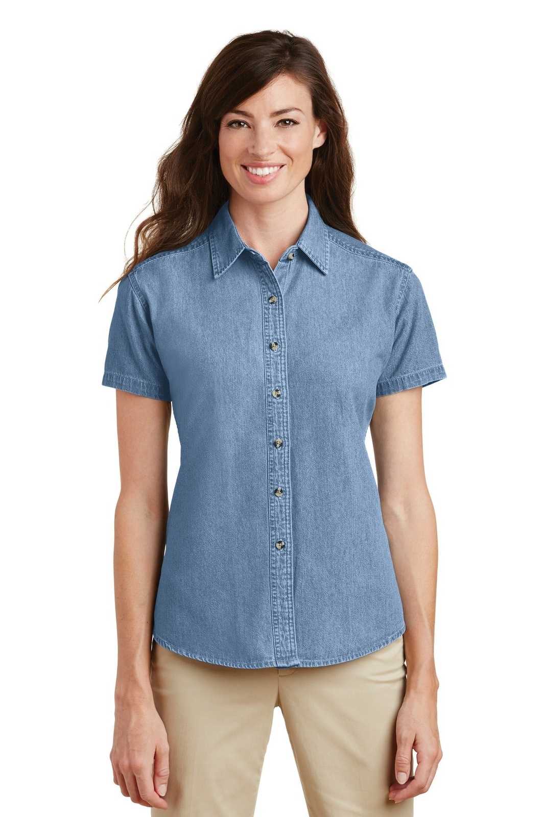 Port &amp; Company LSP11 Ladies Short Sleeve Value Denim Shirt - Faded Blue - HIT a Double - 1