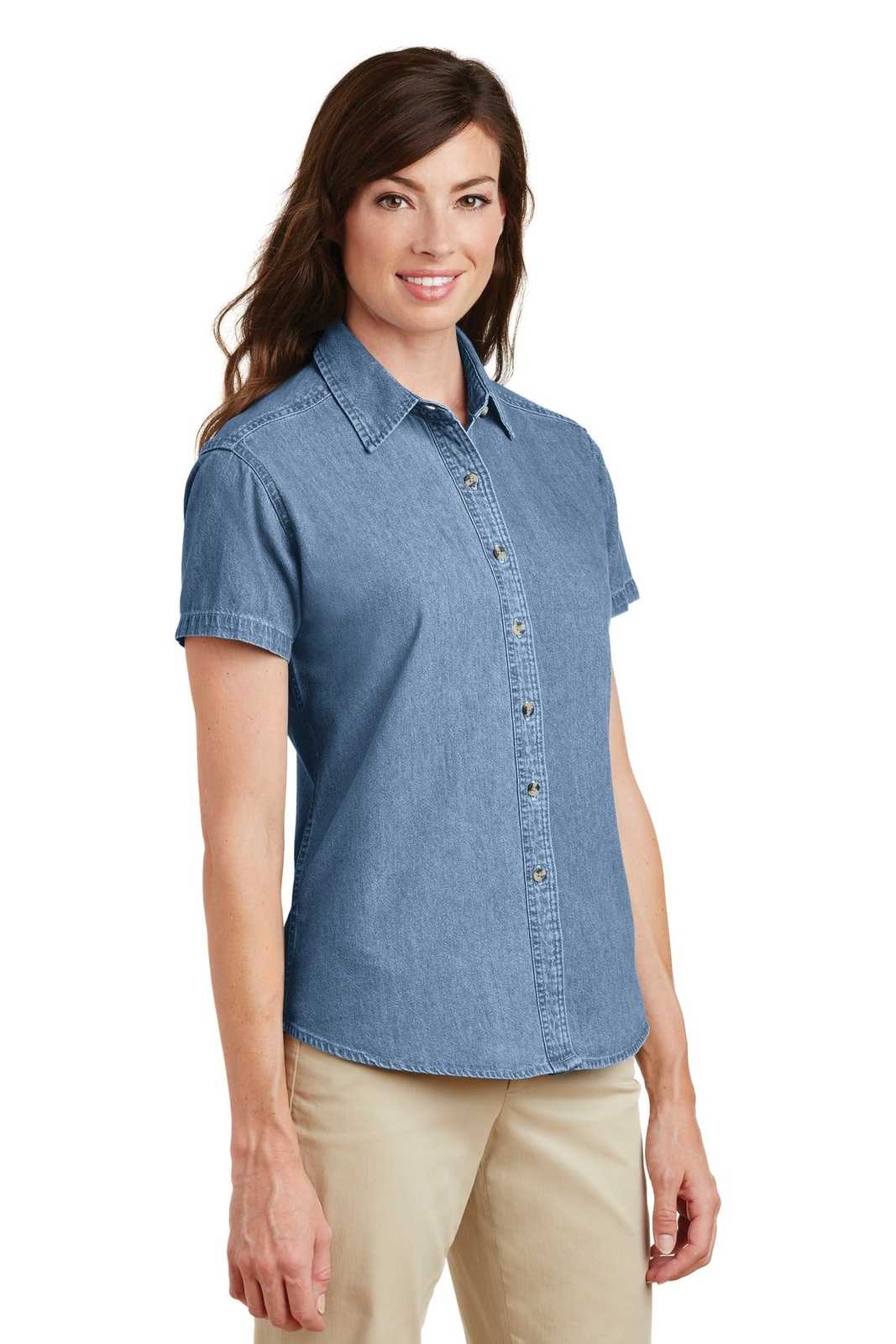 Port &amp; Company LSP11 Ladies Short Sleeve Value Denim Shirt - Faded Blue - HIT a Double - 4