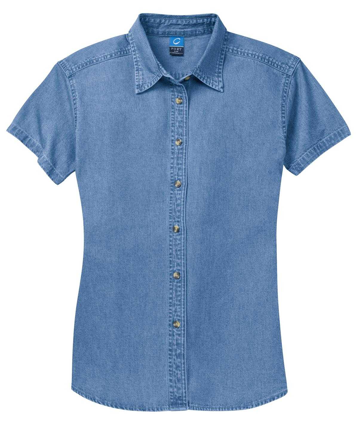 Port &amp; Company LSP11 Ladies Short Sleeve Value Denim Shirt - Faded Blue - HIT a Double - 5