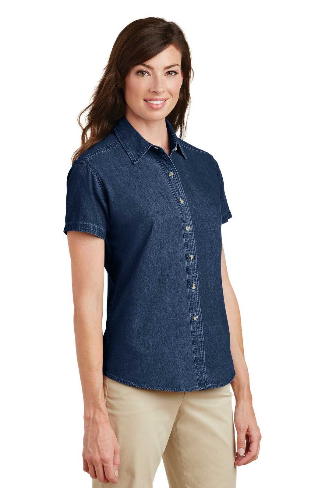 Port &amp; Company LSP11 Ladies Short Sleeve Value Denim Shirt - Ink Blue - HIT a Double - 4