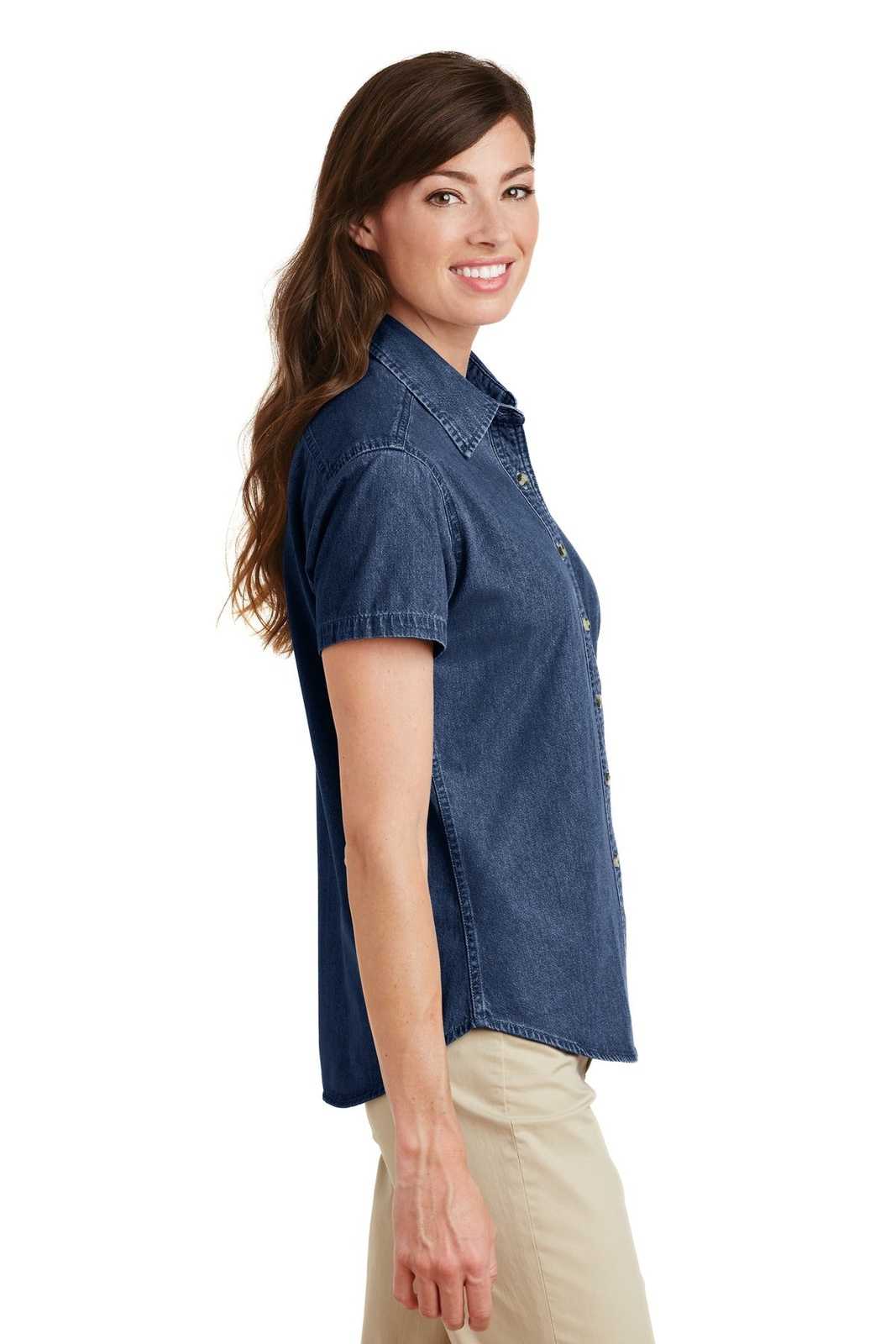 Port &amp; Company LSP11 Ladies Short Sleeve Value Denim Shirt - Ink Blue - HIT a Double - 3