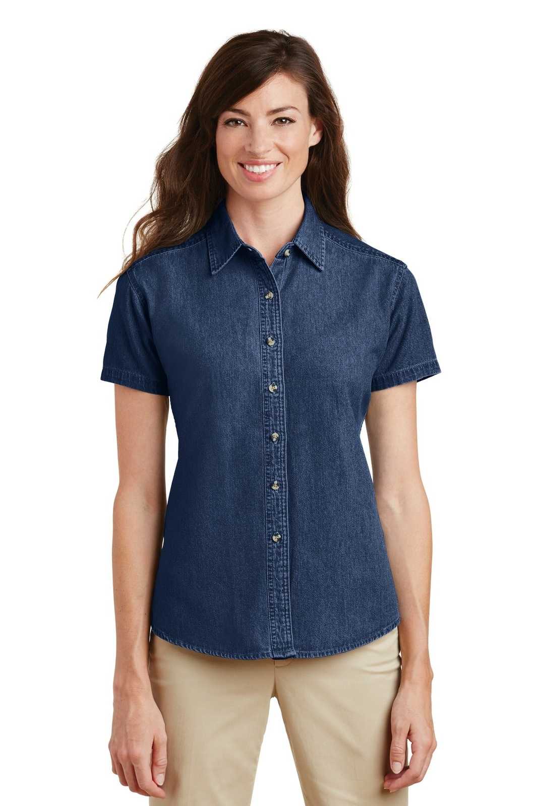 Port &amp; Company LSP11 Ladies Short Sleeve Value Denim Shirt - Ink Blue - HIT a Double - 1
