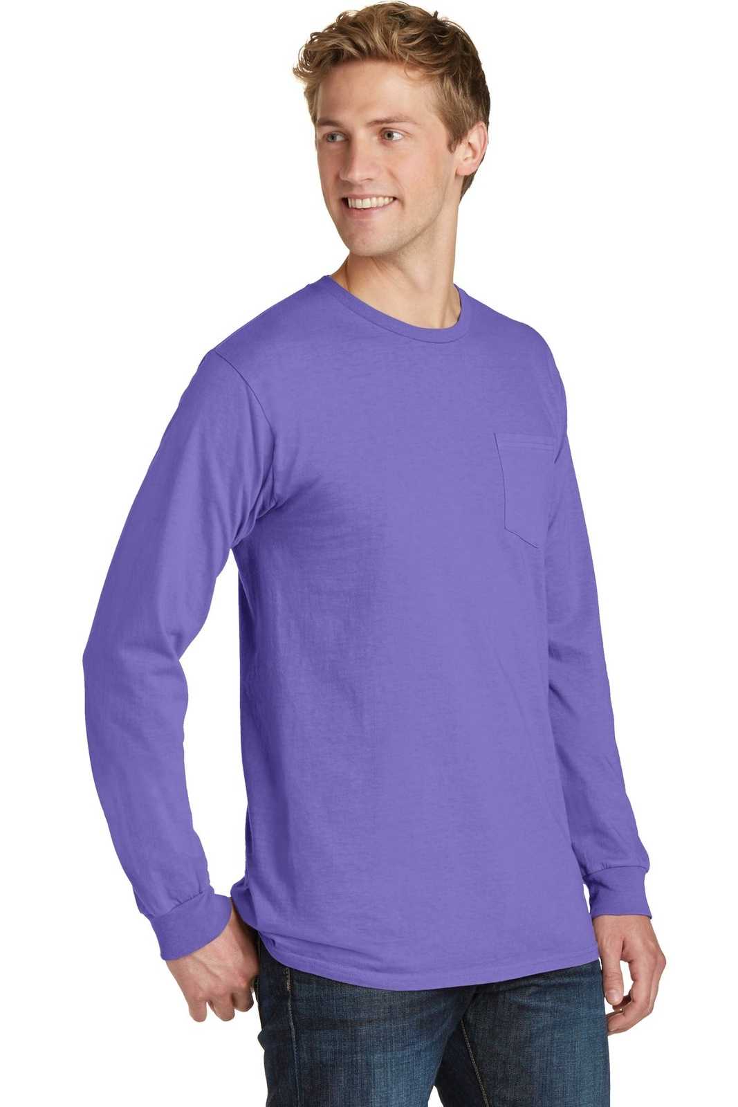 Port &amp; Company PC099LSP Beach Wash Garment-Dyed Long Sleeve Pocket Tee - Amethyst - HIT a Double - 4