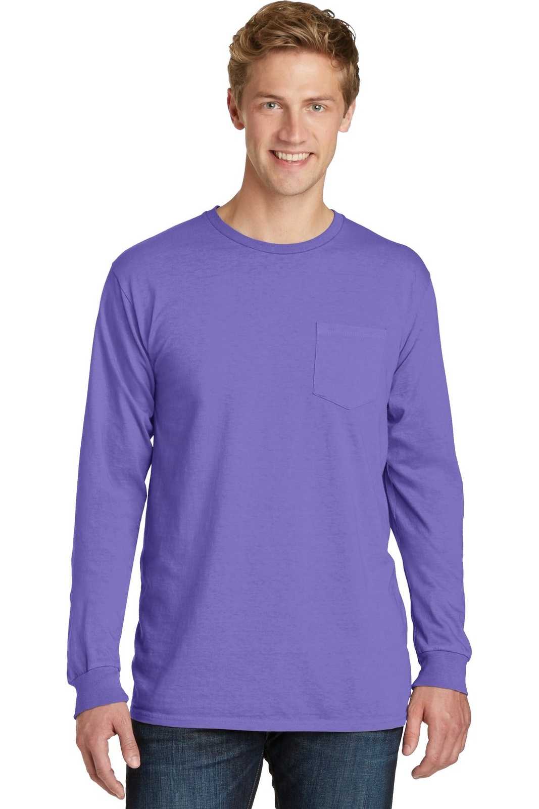 Port &amp; Company PC099LSP Beach Wash Garment-Dyed Long Sleeve Pocket Tee - Amethyst - HIT a Double - 1