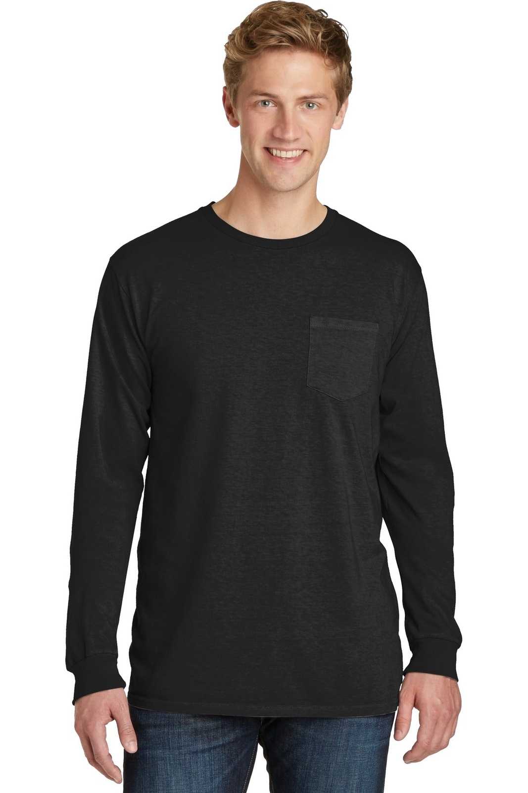 Port &amp; Company PC099LSP Beach Wash Garment-Dyed Long Sleeve Pocket Tee - Black - HIT a Double - 1