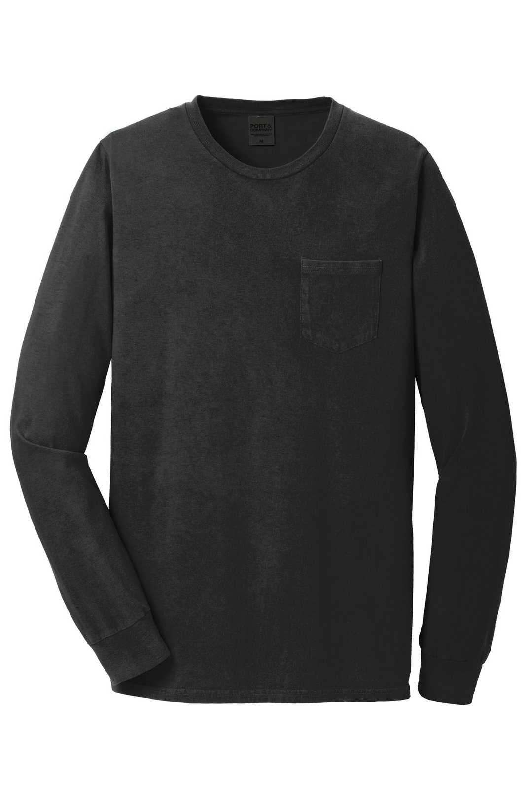 Port &amp; Company PC099LSP Beach Wash Garment-Dyed Long Sleeve Pocket Tee - Black - HIT a Double - 5