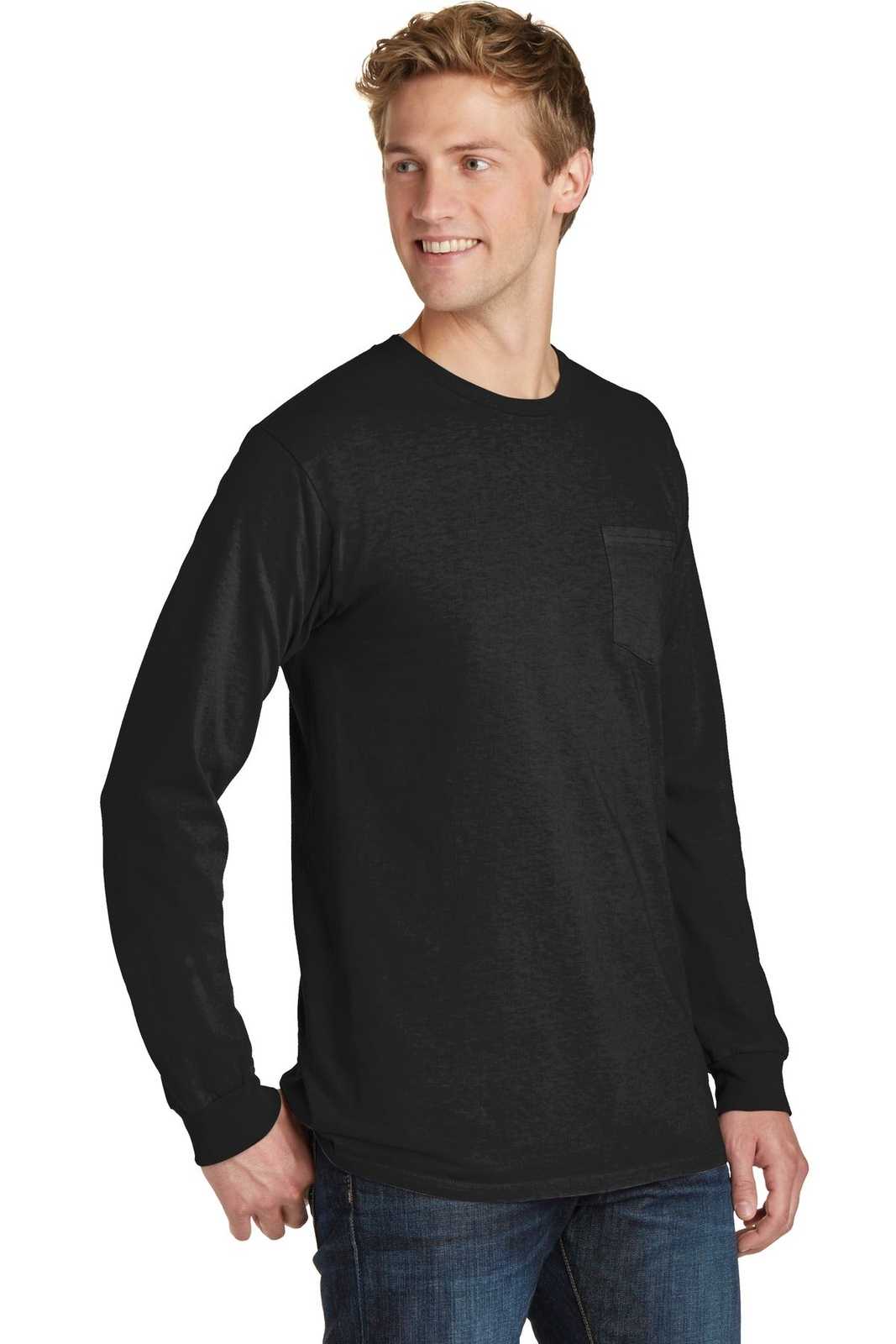 Port &amp; Company PC099LSP Beach Wash Garment-Dyed Long Sleeve Pocket Tee - Black - HIT a Double - 4