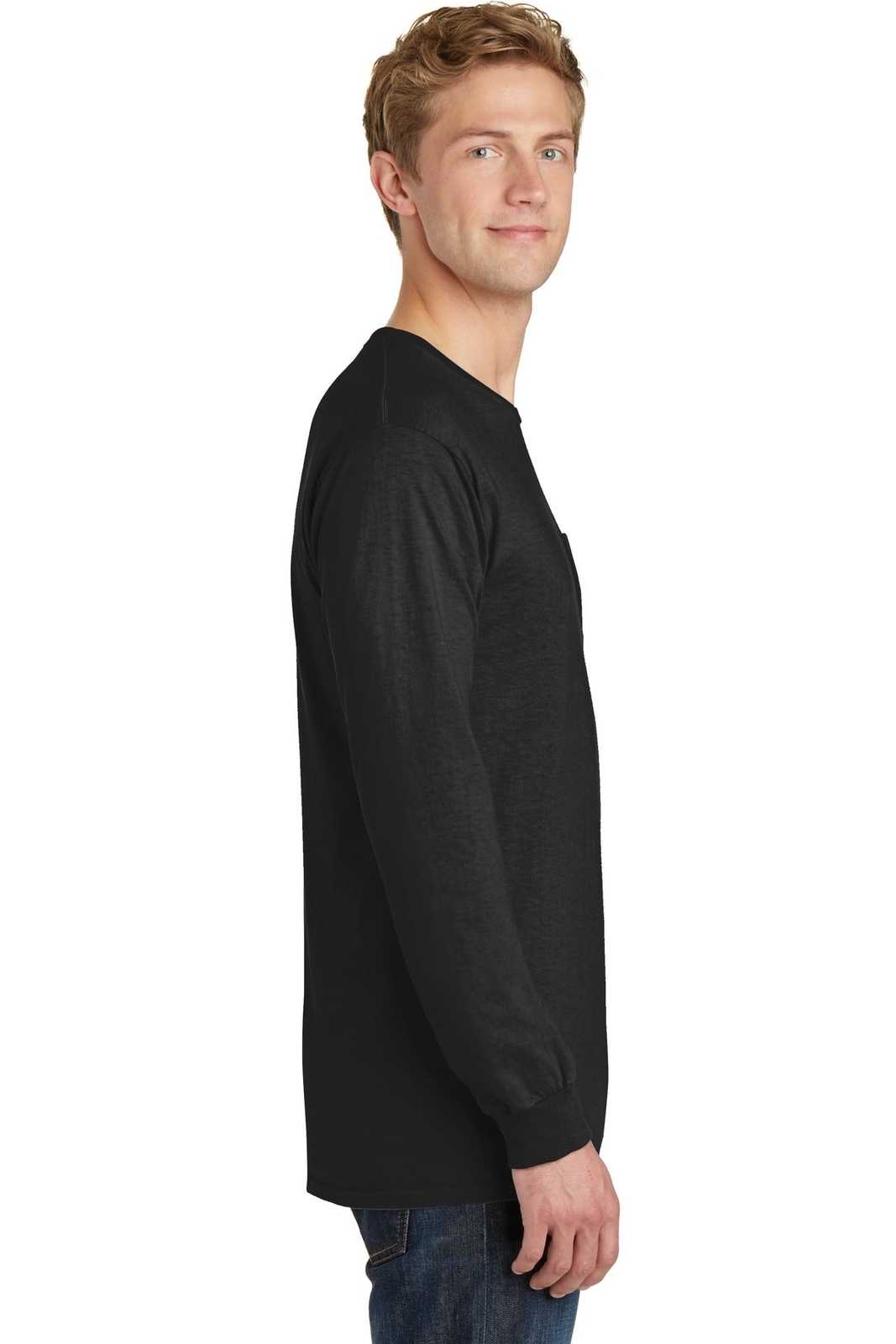Port &amp; Company PC099LSP Beach Wash Garment-Dyed Long Sleeve Pocket Tee - Black - HIT a Double - 3