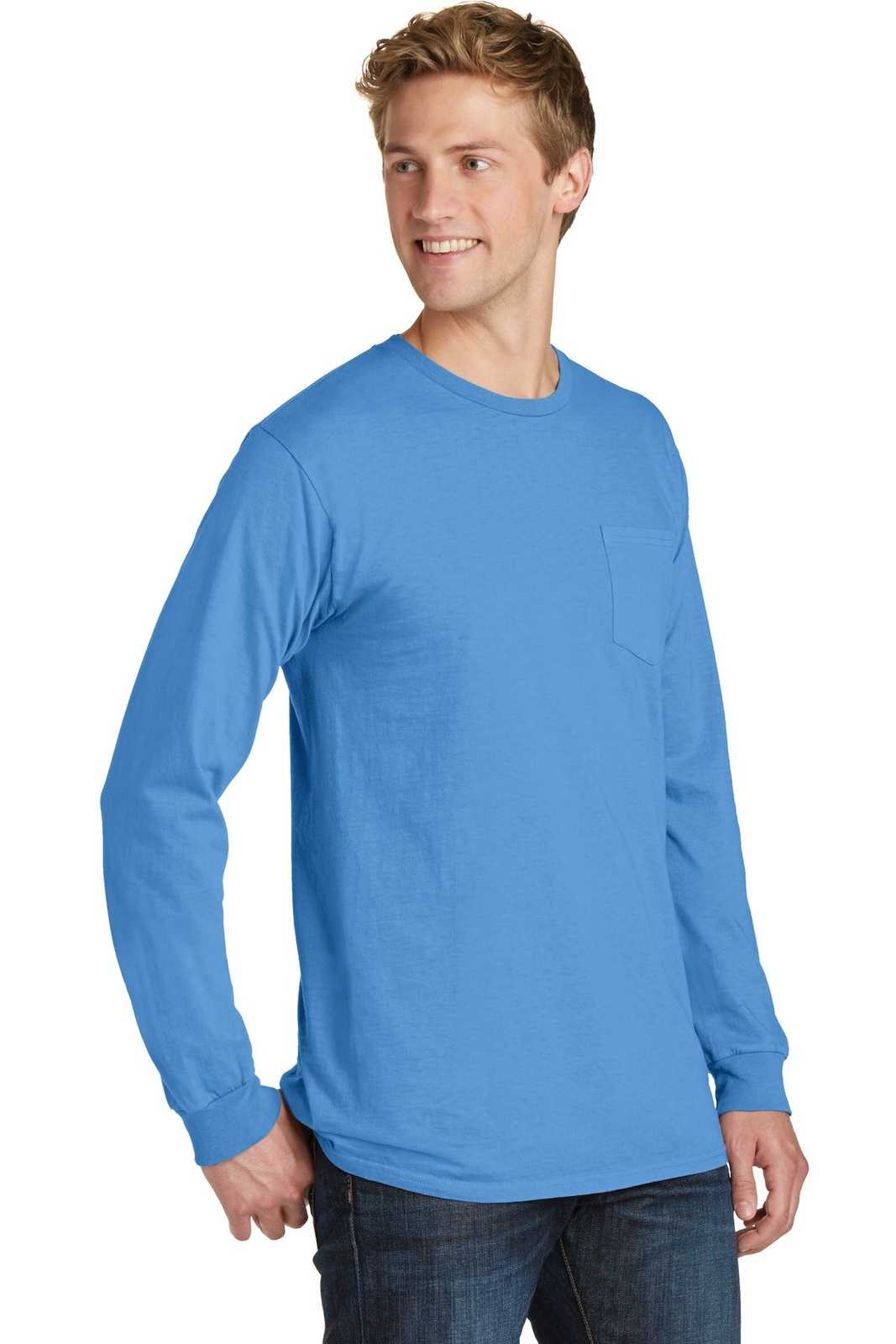 Port &amp; Company PC099LSP Beach Wash Garment-Dyed Long Sleeve Pocket Tee - Blue Moon - HIT a Double - 4