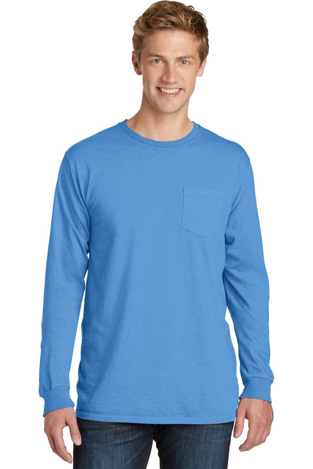 Port &amp; Company PC099LSP Beach Wash Garment-Dyed Long Sleeve Pocket Tee - Blue Moon - HIT a Double - 1