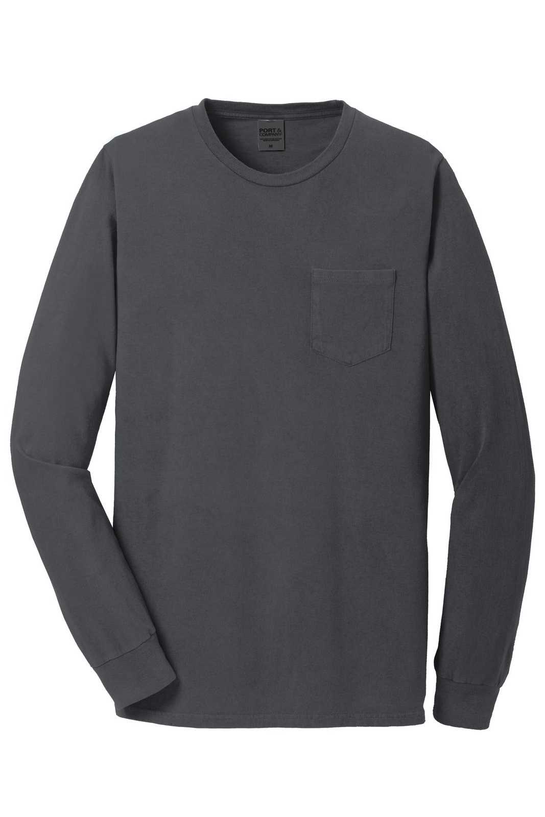 Port &amp; Company PC099LSP Beach Wash Garment-Dyed Long Sleeve Pocket Tee - Coal - HIT a Double - 5
