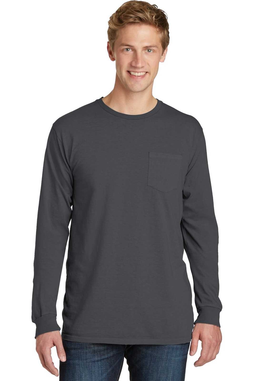 Port &amp; Company PC099LSP Beach Wash Garment-Dyed Long Sleeve Pocket Tee - Coal - HIT a Double - 1