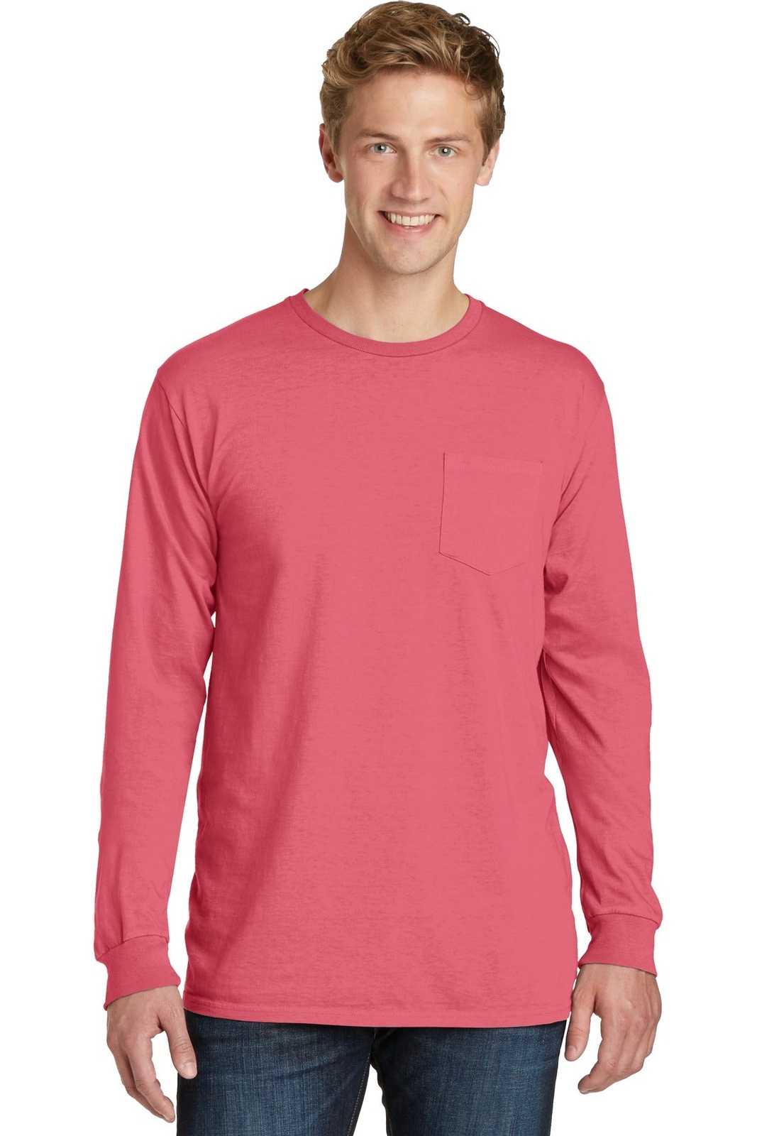 Port &amp; Company PC099LSP Beach Wash Garment-Dyed Long Sleeve Pocket Tee - Fruit Punch - HIT a Double - 1