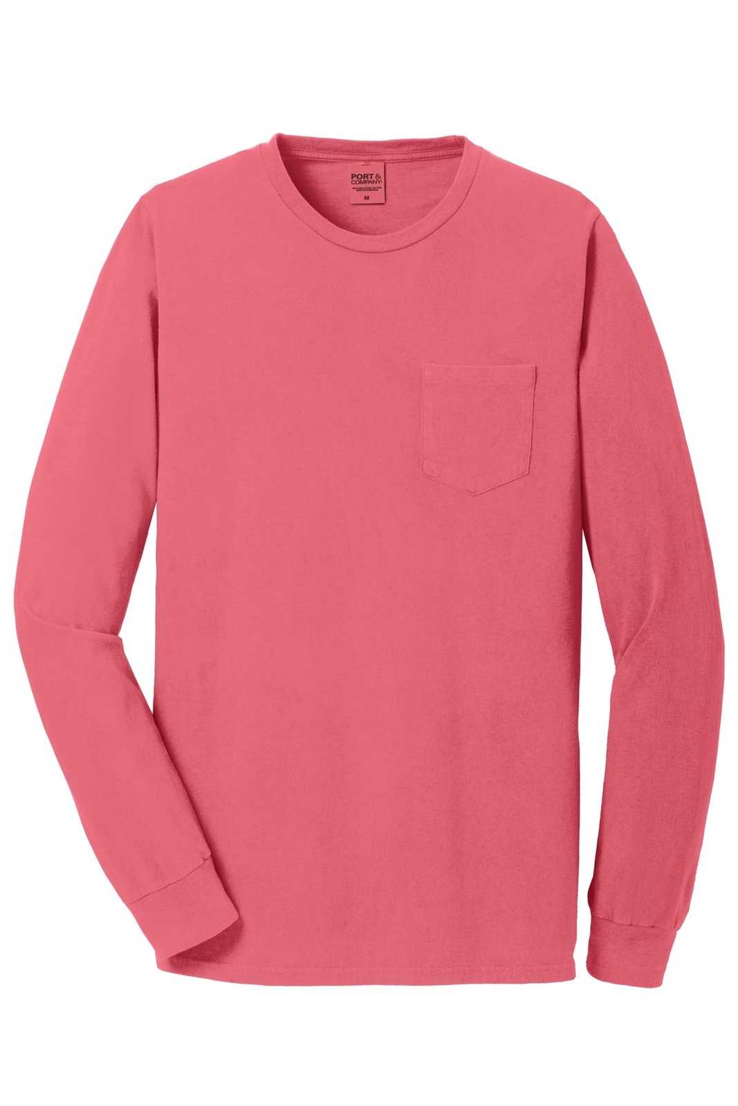 Port &amp; Company PC099LSP Beach Wash Garment-Dyed Long Sleeve Pocket Tee - Fruit Punch - HIT a Double - 5