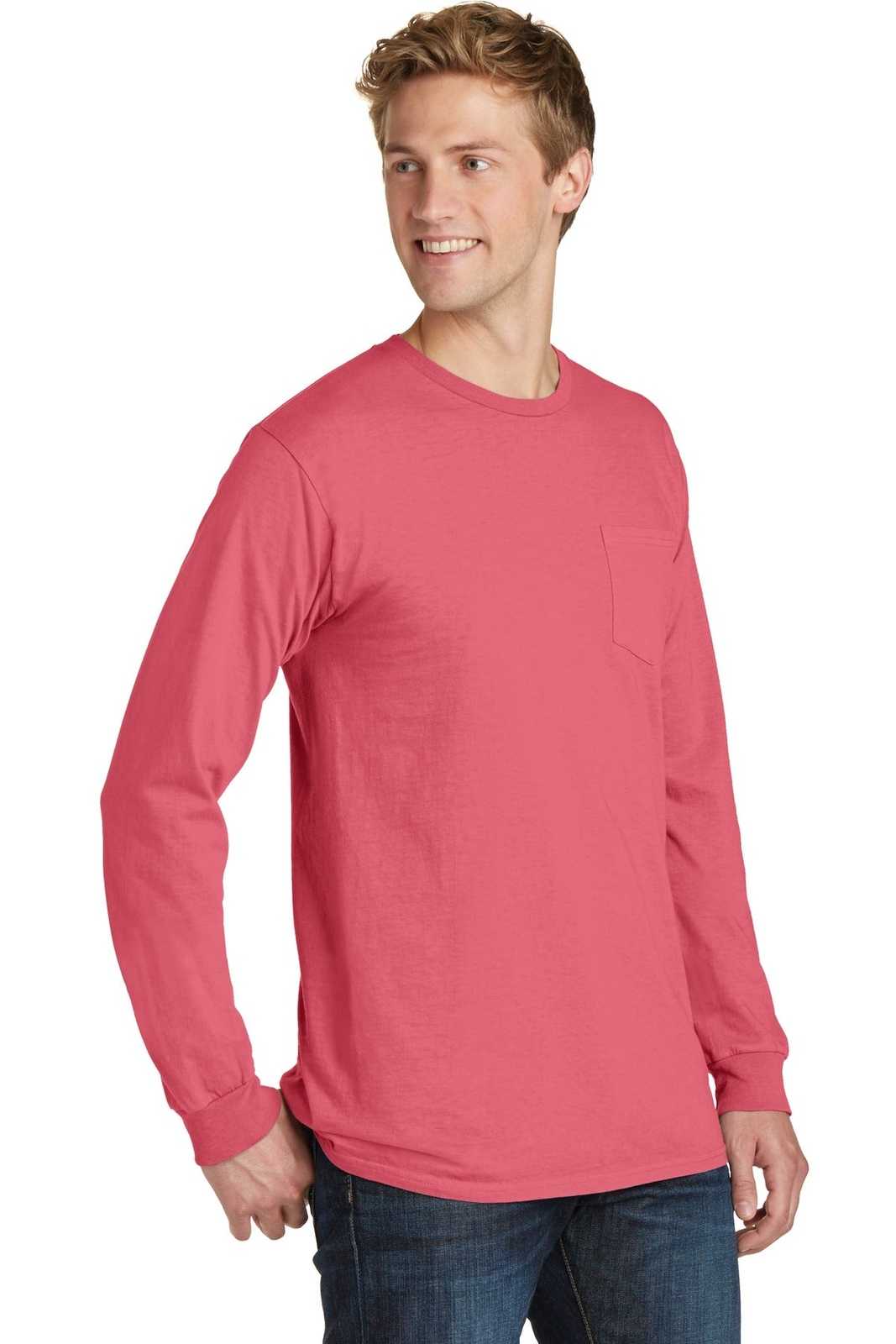 Port &amp; Company PC099LSP Beach Wash Garment-Dyed Long Sleeve Pocket Tee - Fruit Punch - HIT a Double - 4