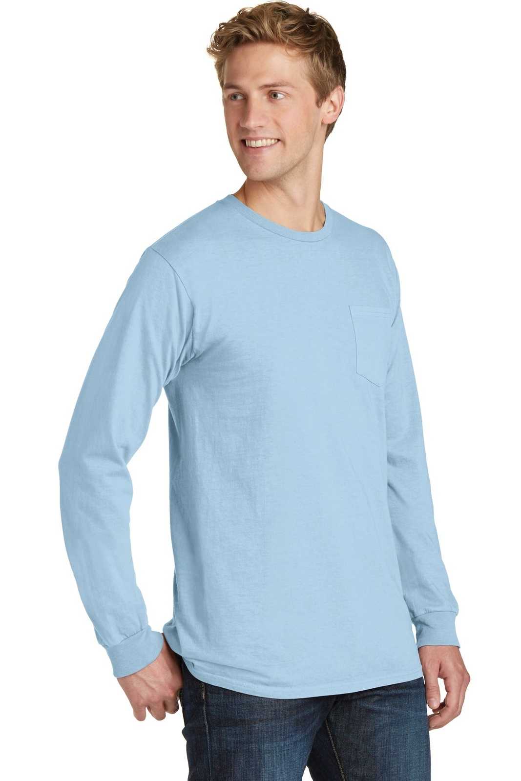 Port &amp; Company PC099LSP Beach Wash Garment-Dyed Long Sleeve Pocket Tee - Glacier - HIT a Double - 4