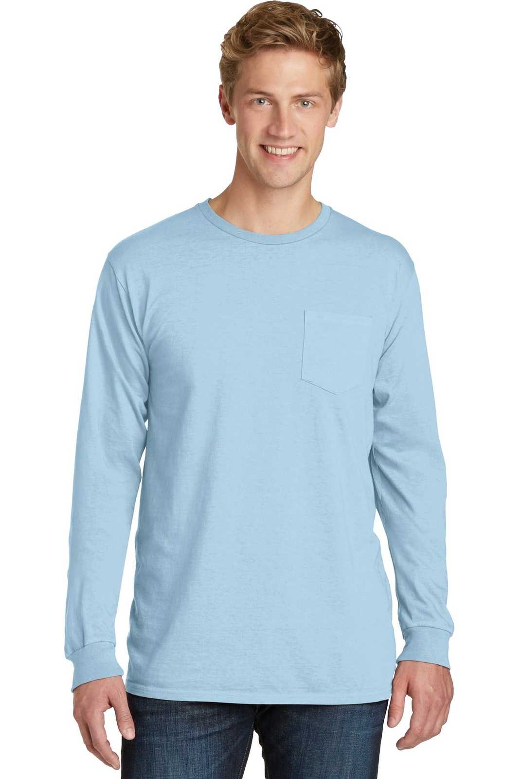 Port &amp; Company PC099LSP Beach Wash Garment-Dyed Long Sleeve Pocket Tee - Glacier - HIT a Double - 1