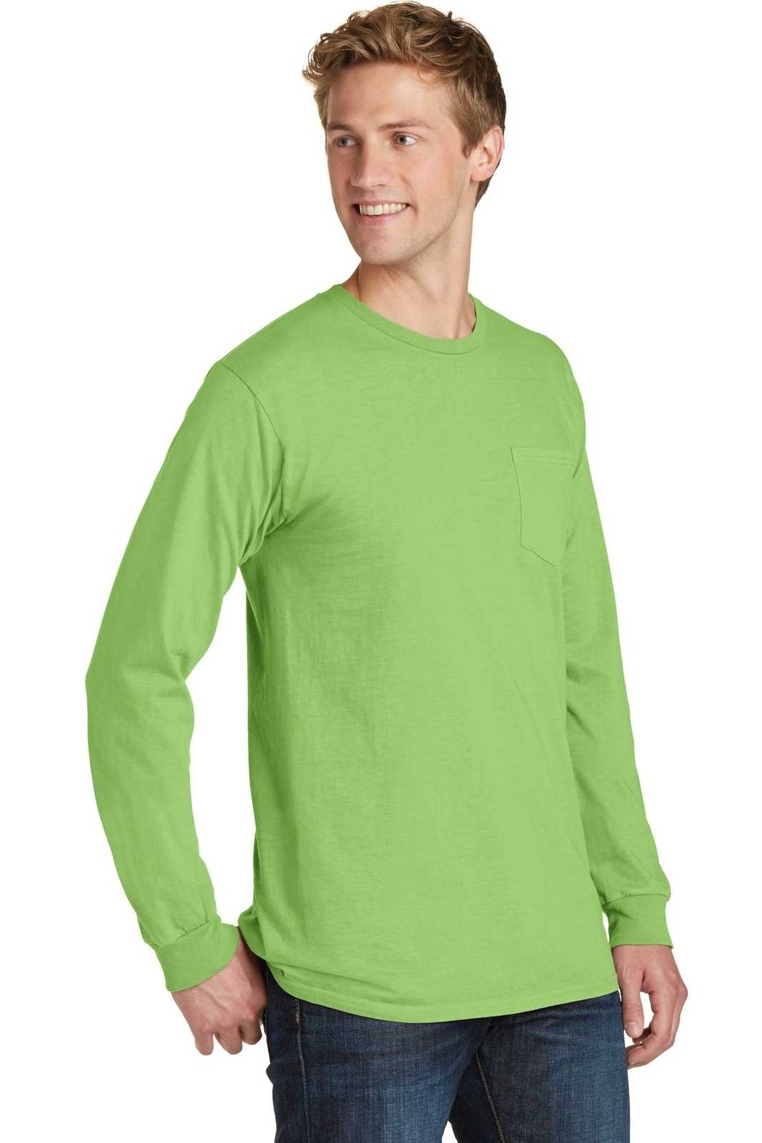 Port &amp; Company PC099LSP Beach Wash Garment-Dyed Long Sleeve Pocket Tee - Limeade - HIT a Double - 4