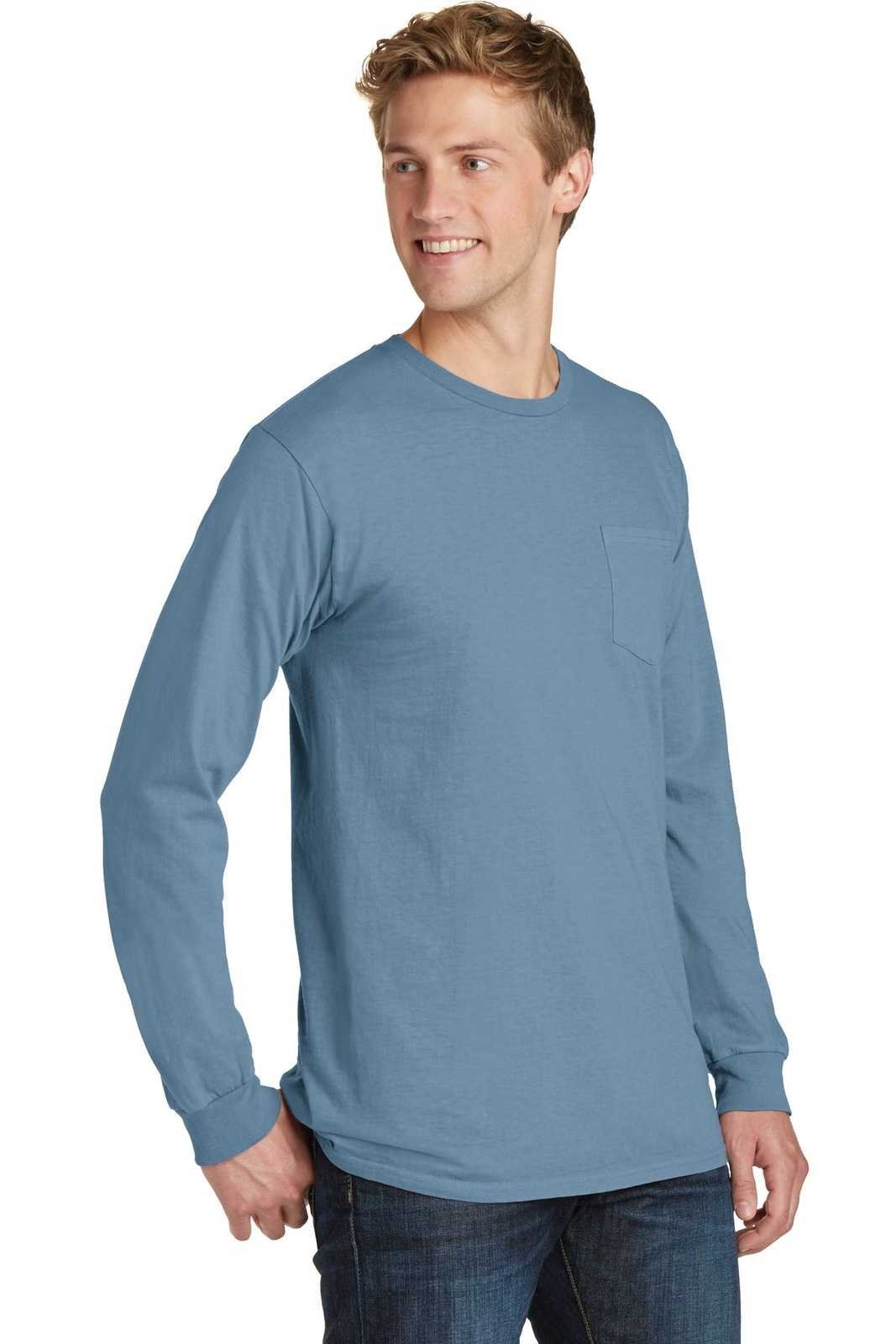 Port &amp; Company PC099LSP Beach Wash Garment-Dyed Long Sleeve Pocket Tee - Mist - HIT a Double - 4