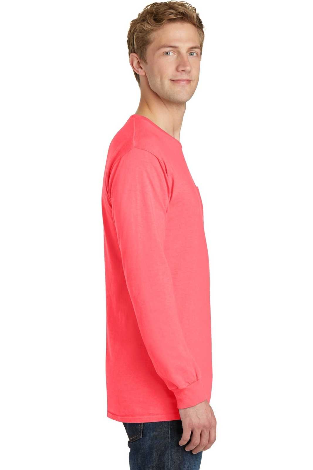 Port &amp; Company PC099LSP Beach Wash Garment-Dyed Long Sleeve Pocket Tee - Neon Coral - HIT a Double - 3