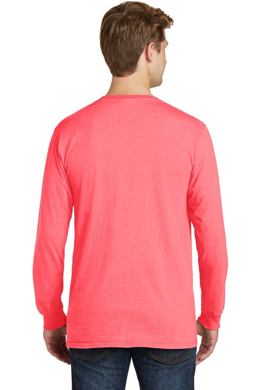 Port &amp; Company PC099LSP Beach Wash Garment-Dyed Long Sleeve Pocket Tee - Neon Coral - HIT a Double - 2