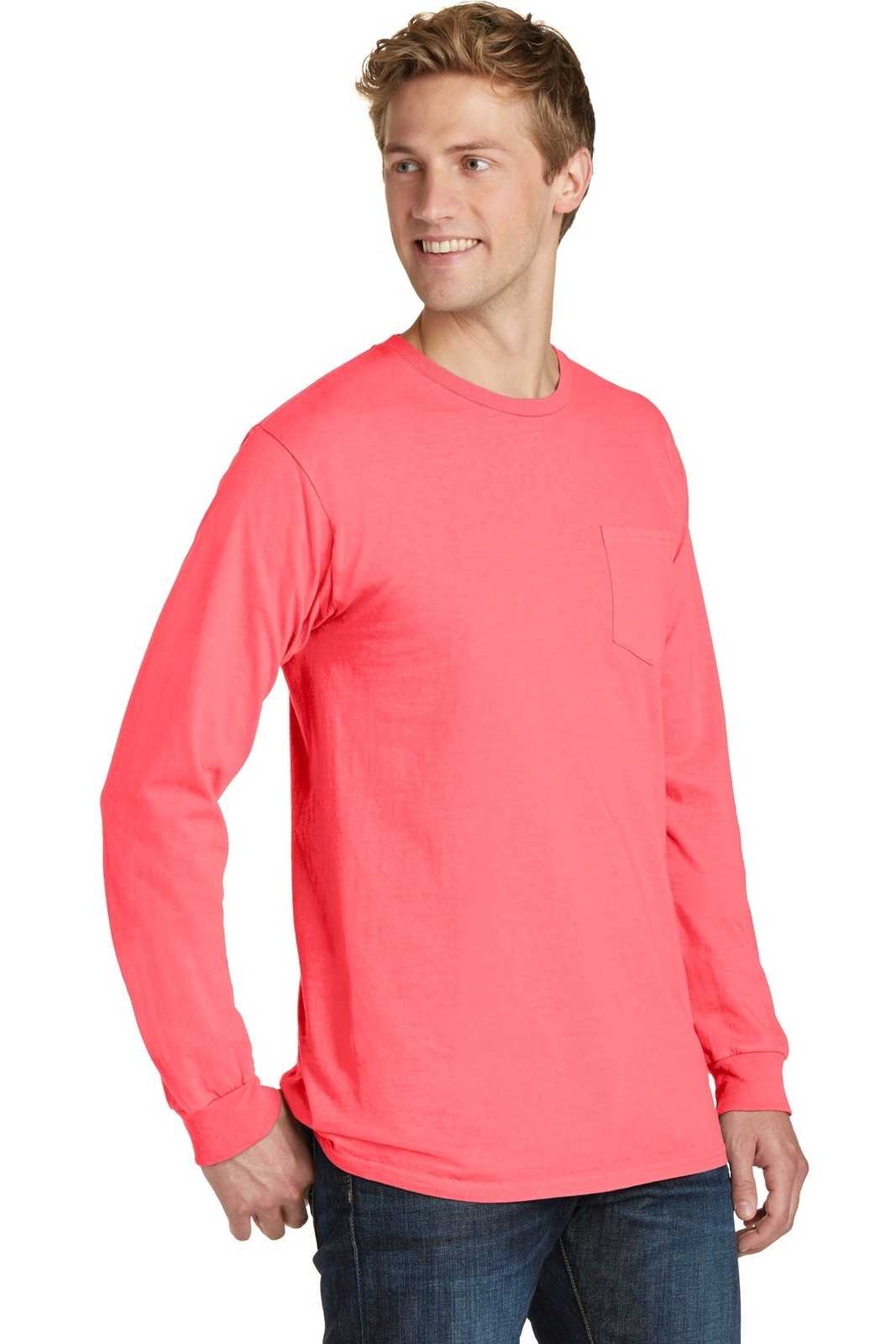 Port &amp; Company PC099LSP Beach Wash Garment-Dyed Long Sleeve Pocket Tee - Neon Coral - HIT a Double - 4
