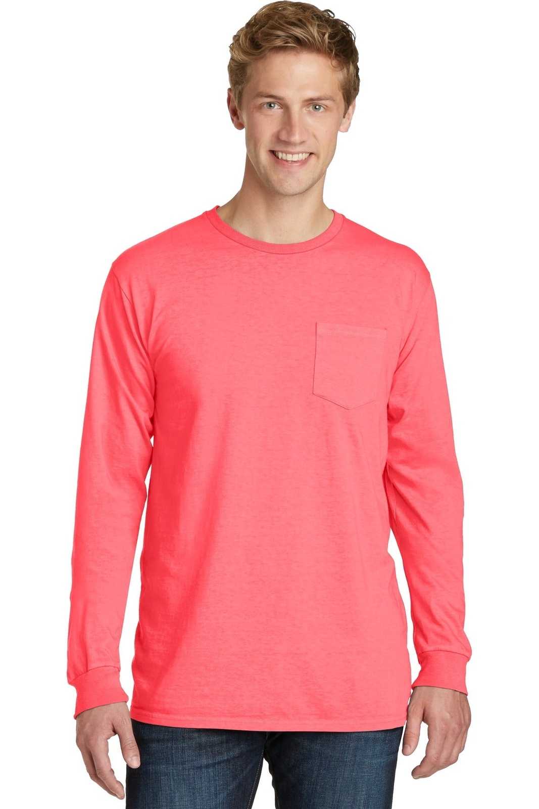 Port &amp; Company PC099LSP Beach Wash Garment-Dyed Long Sleeve Pocket Tee - Neon Coral - HIT a Double - 1