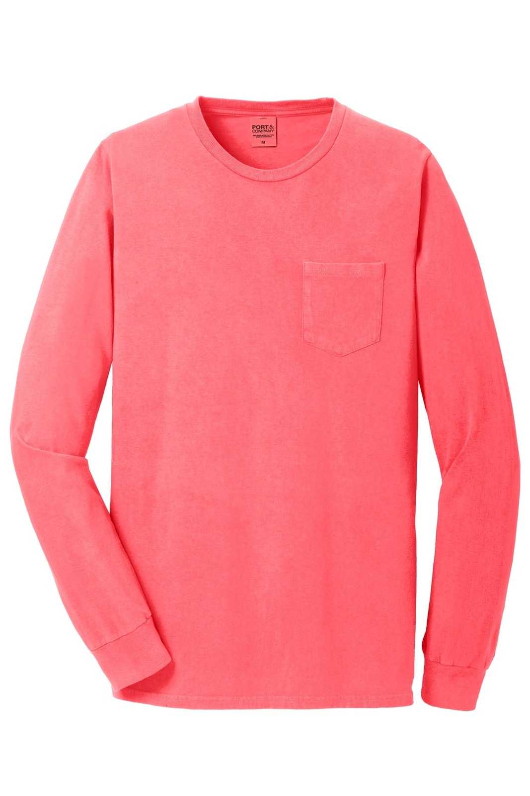 Port &amp; Company PC099LSP Beach Wash Garment-Dyed Long Sleeve Pocket Tee - Neon Coral - HIT a Double - 5
