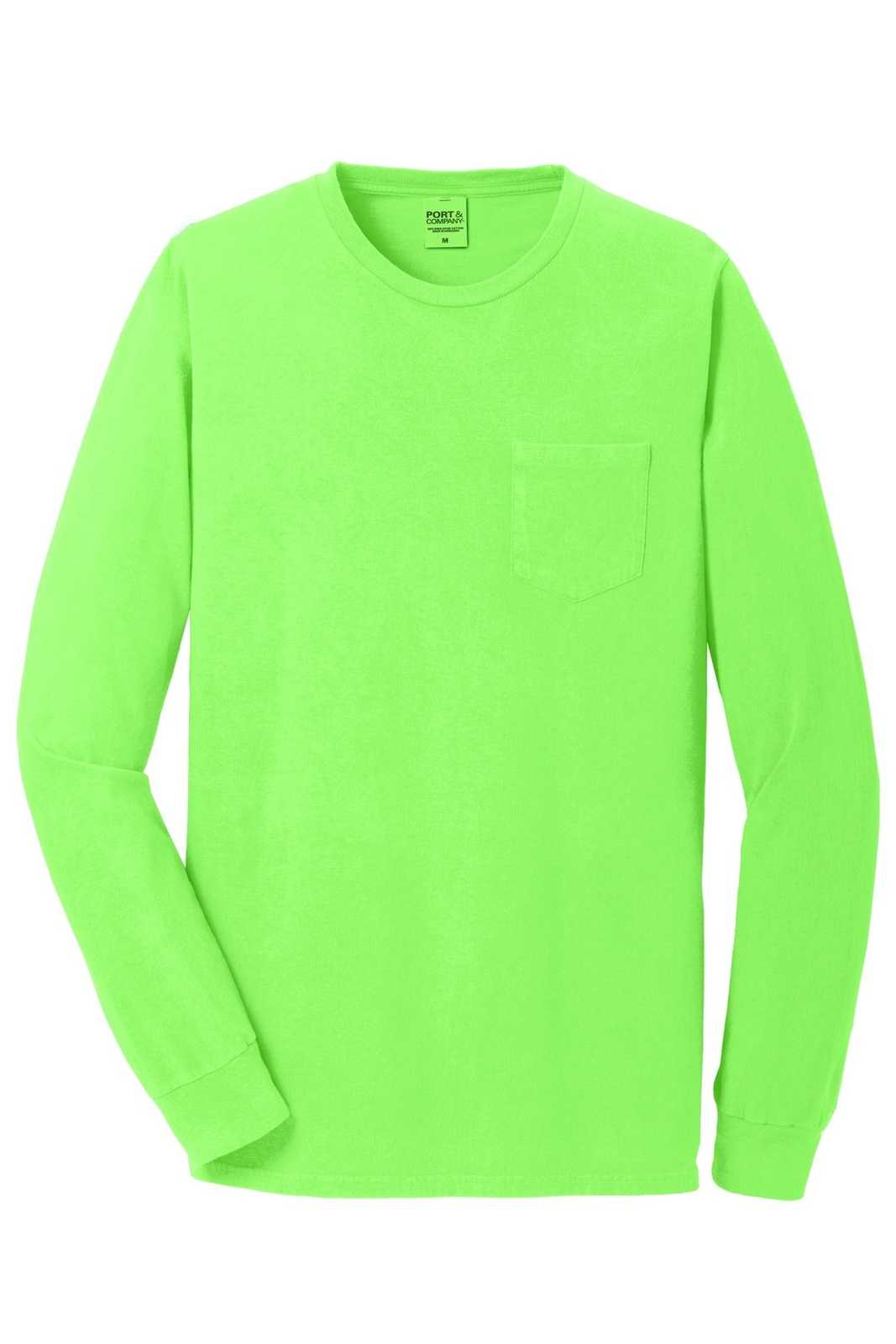 Port &amp; Company PC099LSP Beach Wash Garment-Dyed Long Sleeve Pocket Tee - Neon Green - HIT a Double - 5