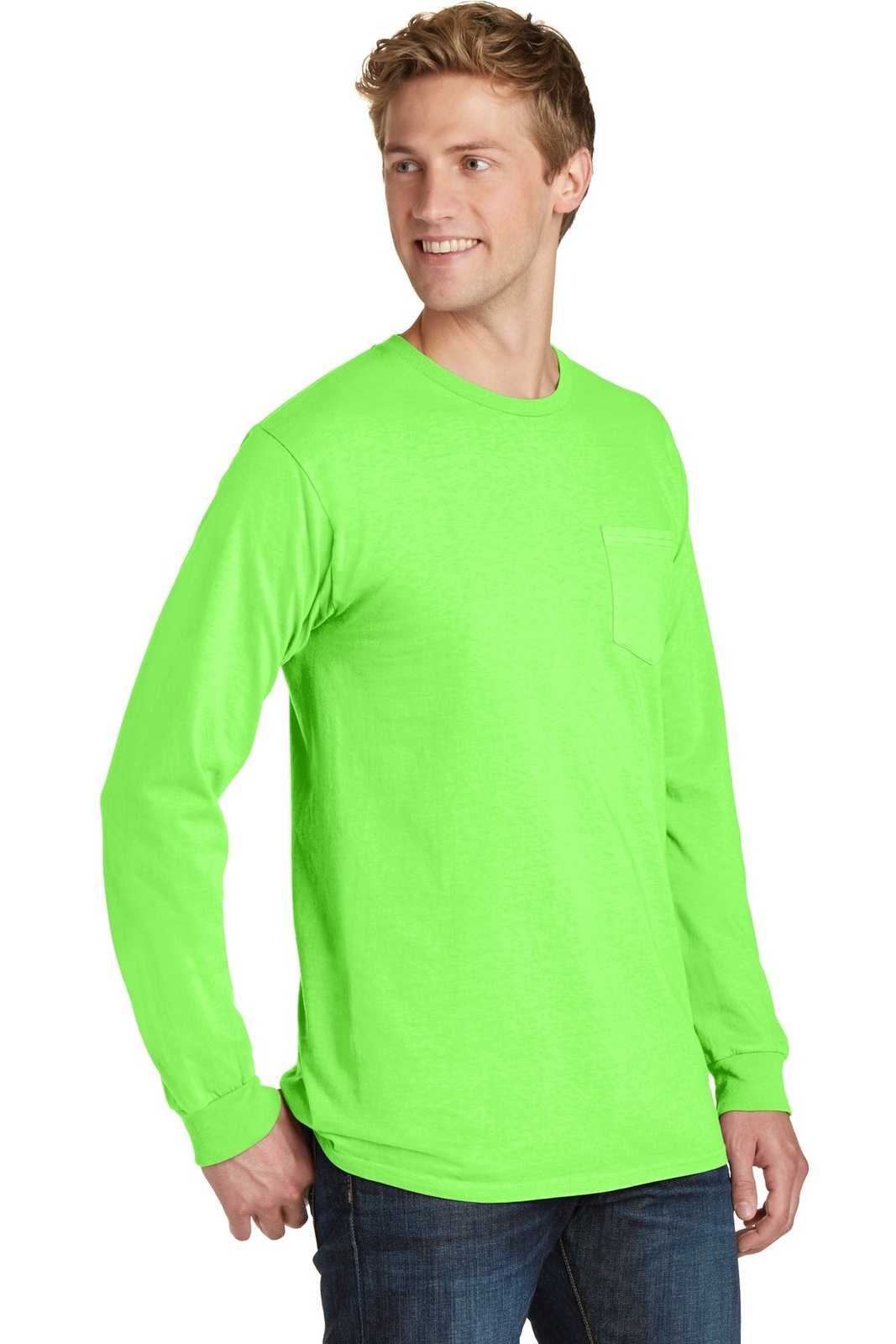 Port &amp; Company PC099LSP Beach Wash Garment-Dyed Long Sleeve Pocket Tee - Neon Green - HIT a Double - 4