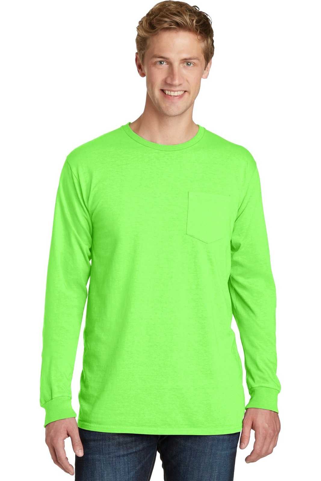 Port &amp; Company PC099LSP Beach Wash Garment-Dyed Long Sleeve Pocket Tee - Neon Green - HIT a Double - 1