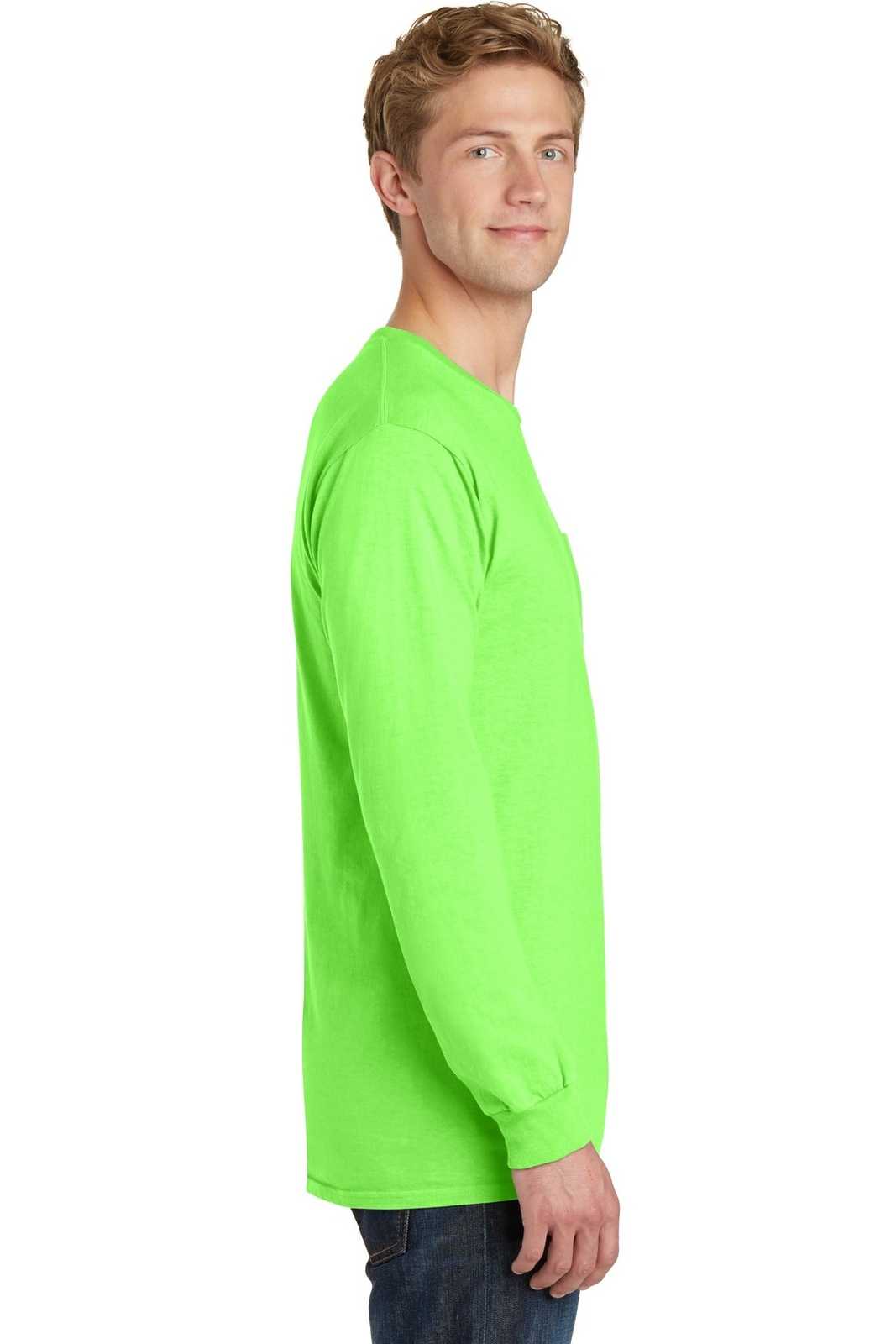 Port &amp; Company PC099LSP Beach Wash Garment-Dyed Long Sleeve Pocket Tee - Neon Green - HIT a Double - 3
