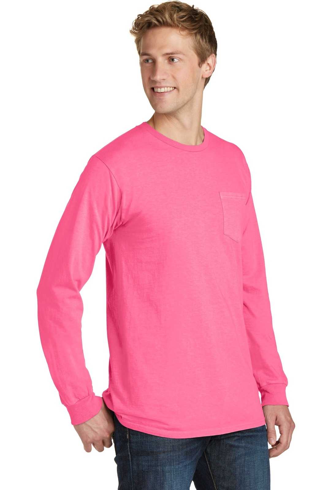 Port &amp; Company PC099LSP Beach Wash Garment-Dyed Long Sleeve Pocket Tee - Neon Pink - HIT a Double - 4