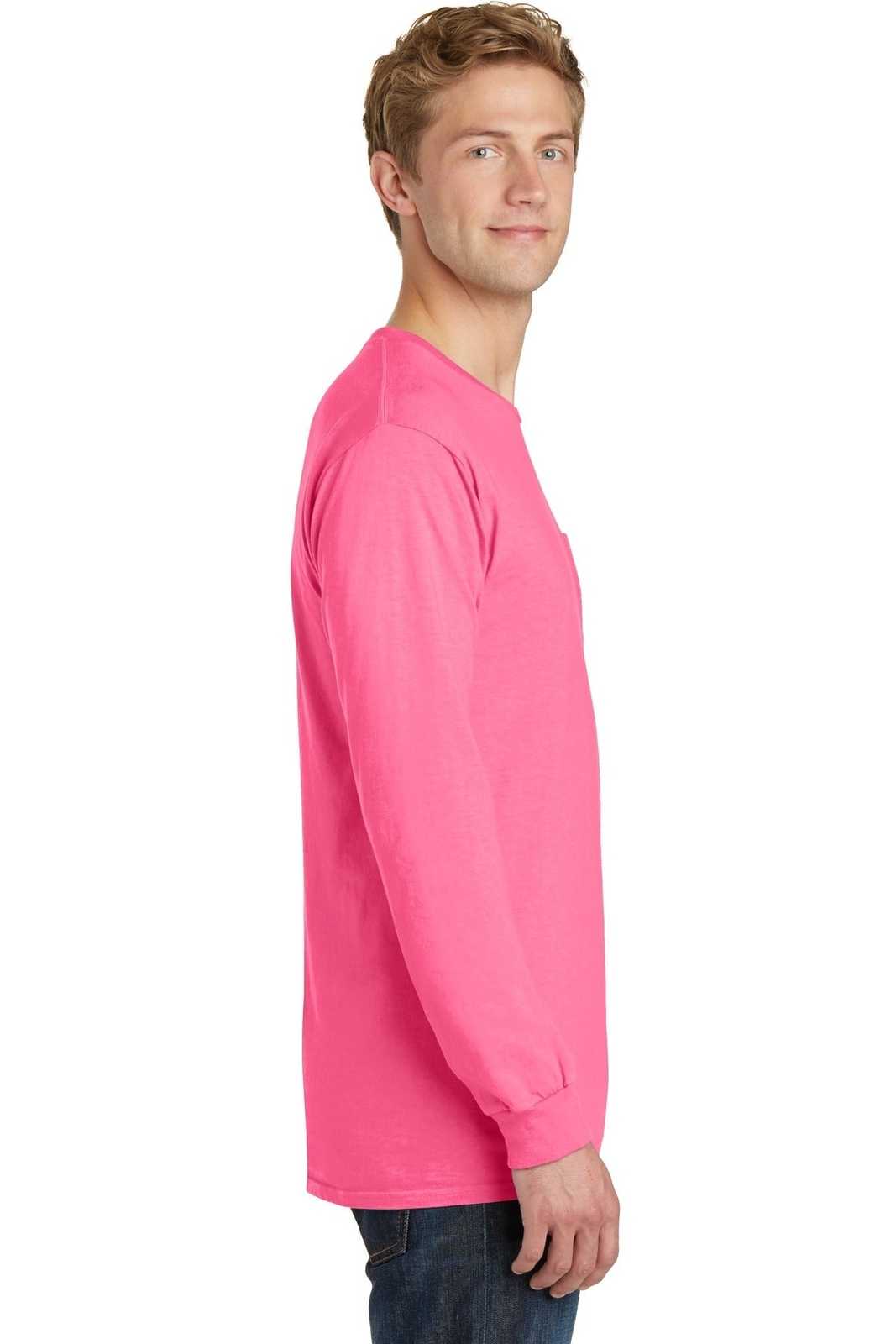 Port &amp; Company PC099LSP Beach Wash Garment-Dyed Long Sleeve Pocket Tee - Neon Pink - HIT a Double - 3