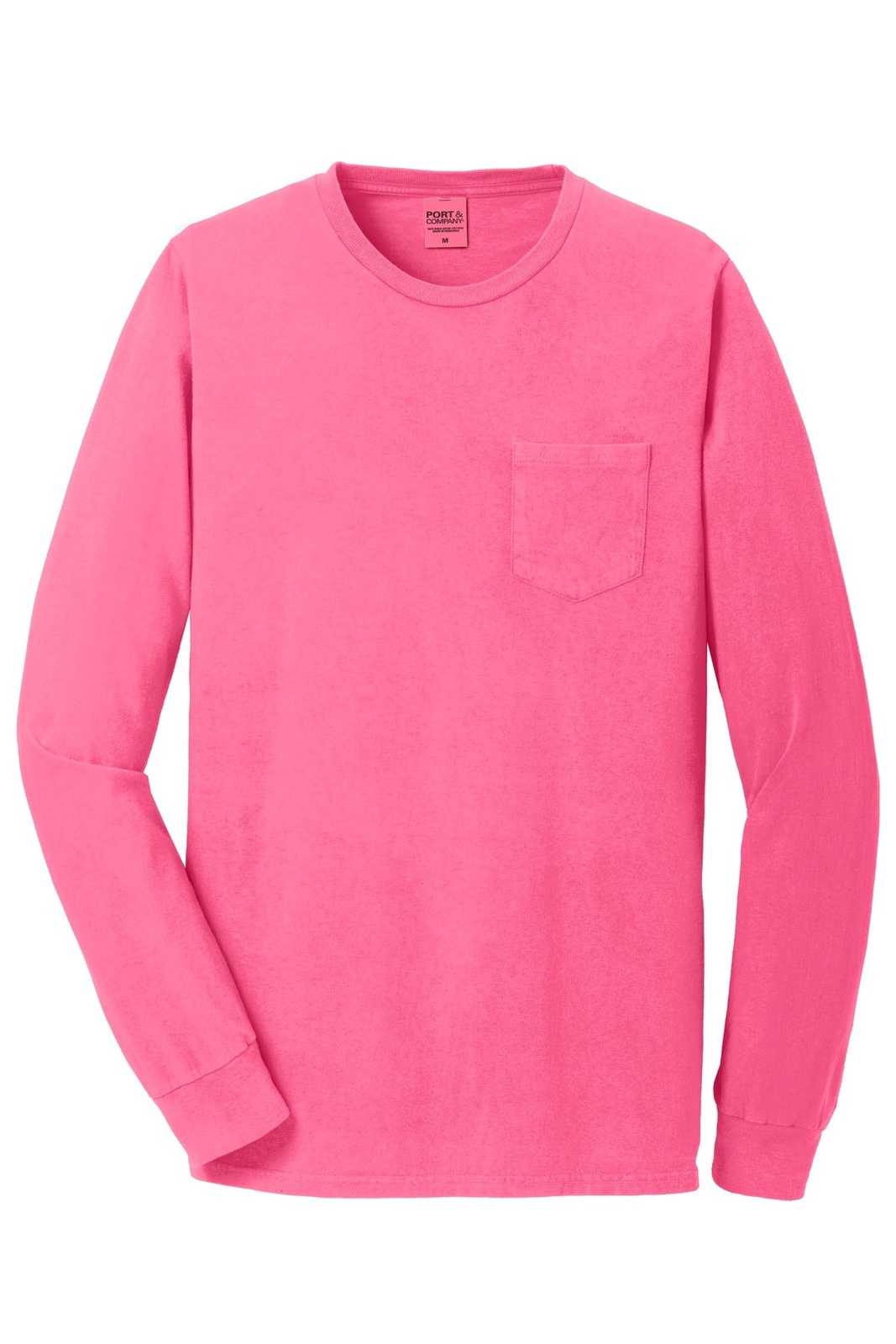 Port &amp; Company PC099LSP Beach Wash Garment-Dyed Long Sleeve Pocket Tee - Neon Pink - HIT a Double - 5