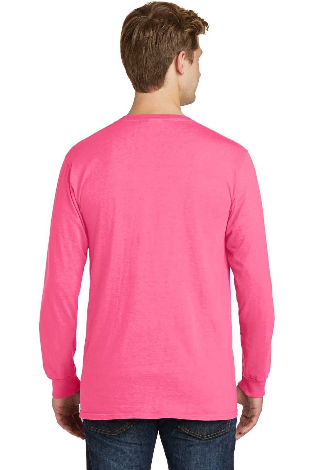 Port &amp; Company PC099LSP Beach Wash Garment-Dyed Long Sleeve Pocket Tee - Neon Pink - HIT a Double - 2