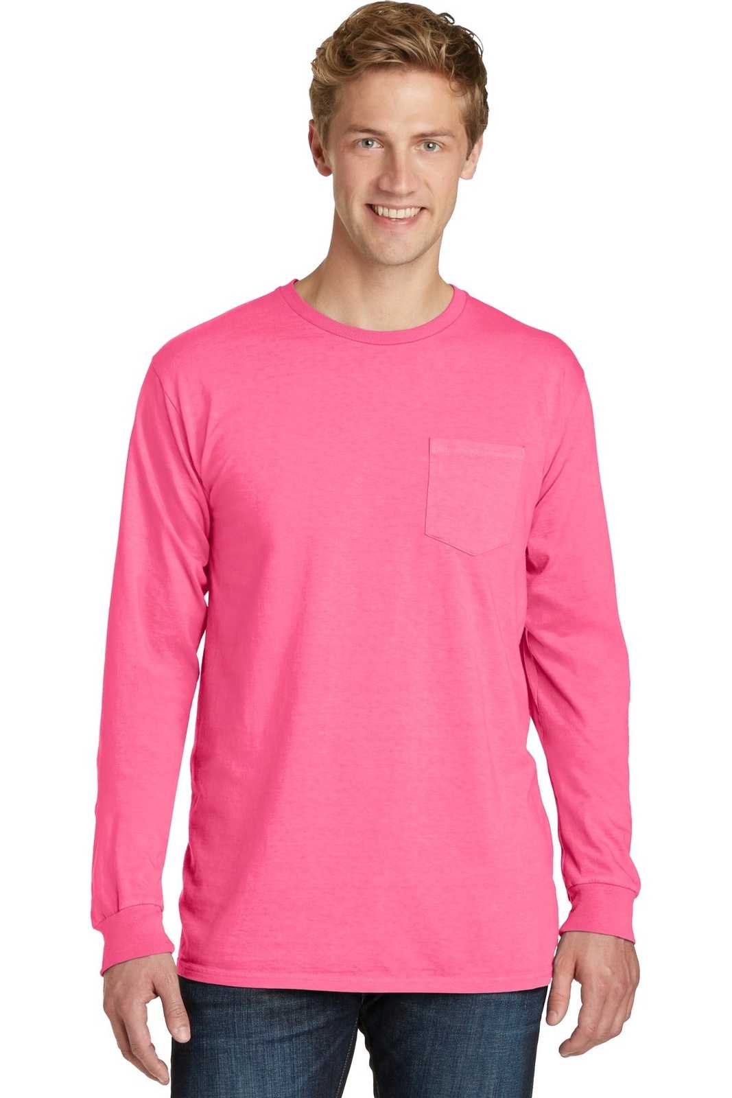 Port &amp; Company PC099LSP Beach Wash Garment-Dyed Long Sleeve Pocket Tee - Neon Pink - HIT a Double - 1