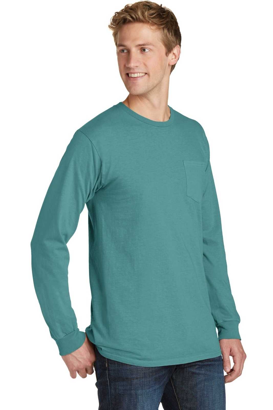 Port &amp; Company PC099LSP Beach Wash Garment-Dyed Long Sleeve Pocket Tee - Peacock - HIT a Double - 4