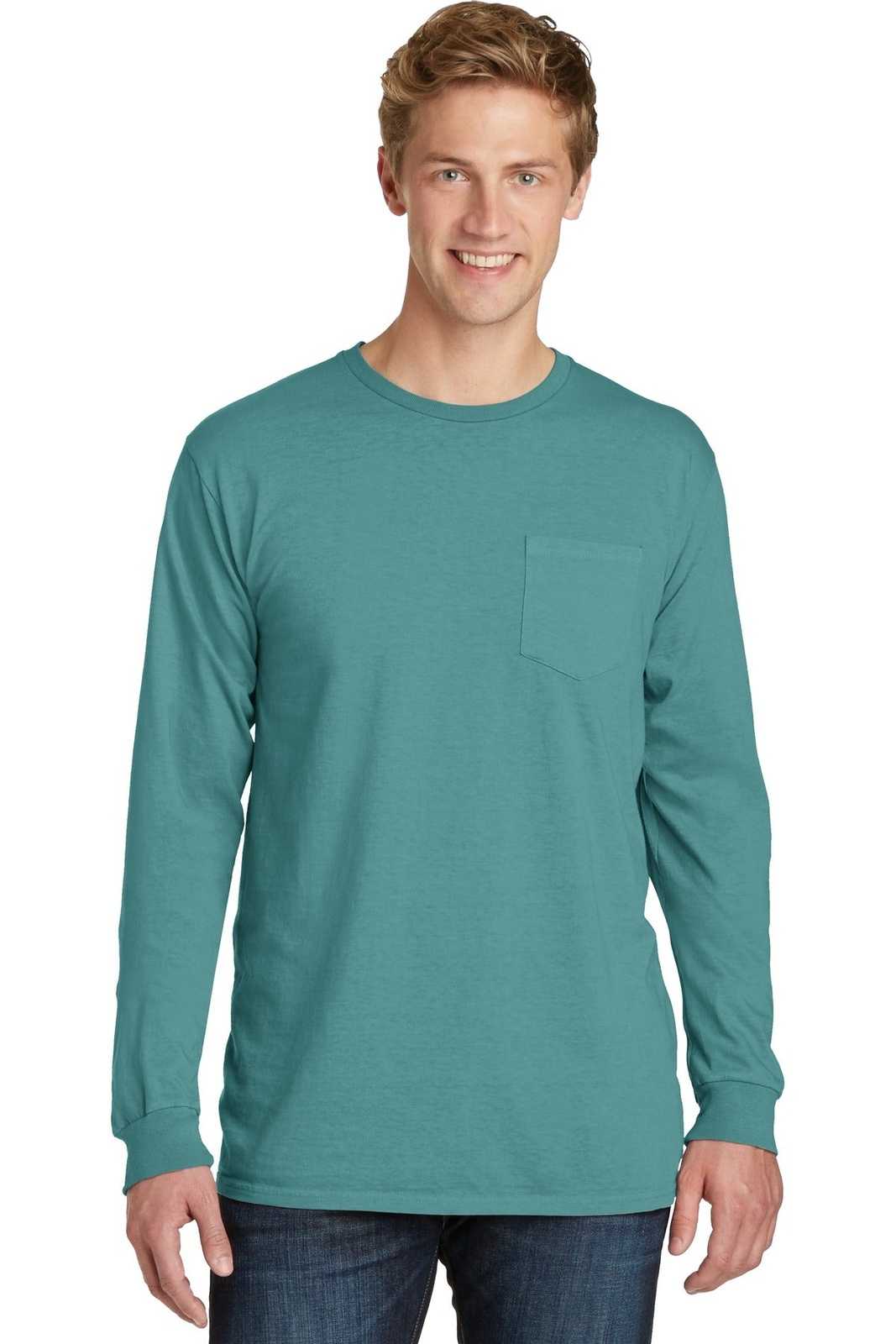 Port &amp; Company PC099LSP Beach Wash Garment-Dyed Long Sleeve Pocket Tee - Peacock - HIT a Double - 1