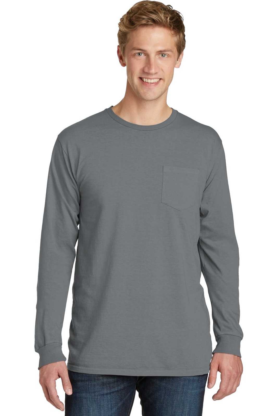 Port &amp; Company PC099LSP Beach Wash Garment-Dyed Long Sleeve Pocket Tee - Pewter - HIT a Double - 1
