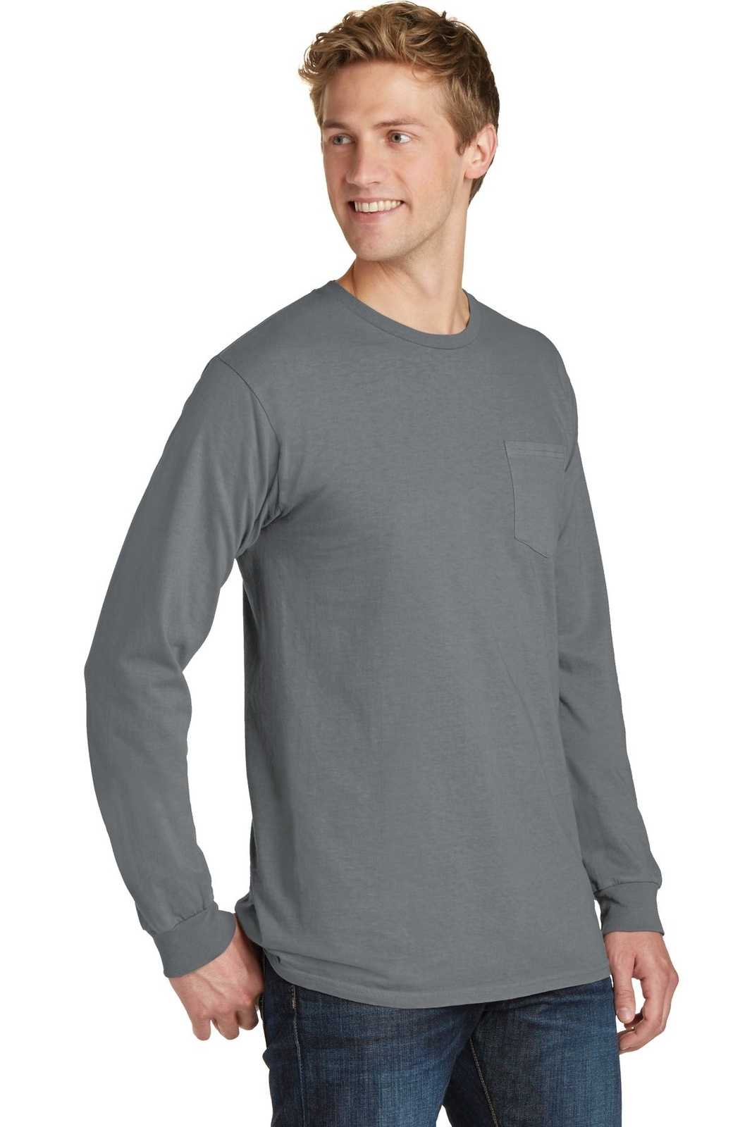 Port &amp; Company PC099LSP Beach Wash Garment-Dyed Long Sleeve Pocket Tee - Pewter - HIT a Double - 4