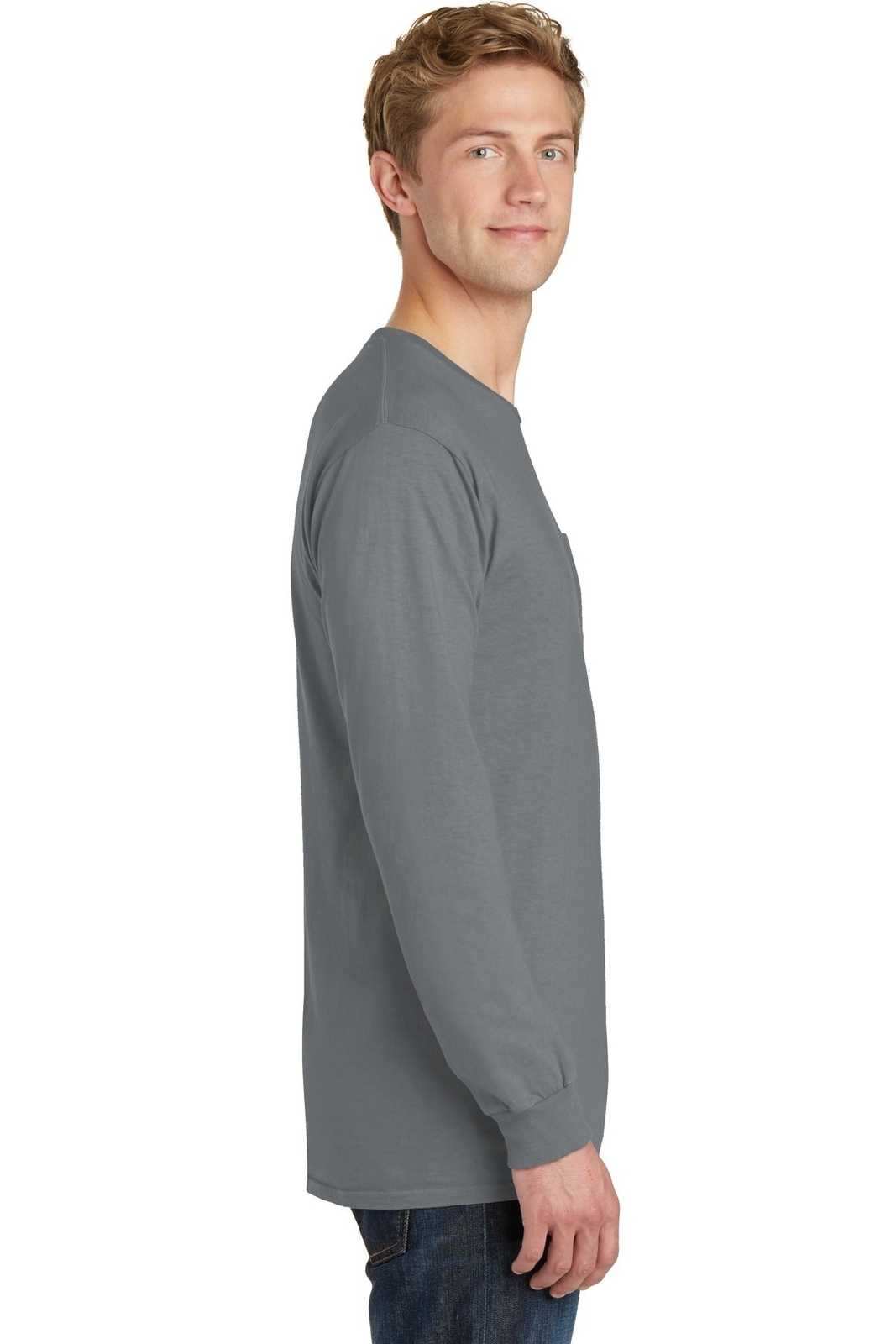 Port &amp; Company PC099LSP Beach Wash Garment-Dyed Long Sleeve Pocket Tee - Pewter - HIT a Double - 3