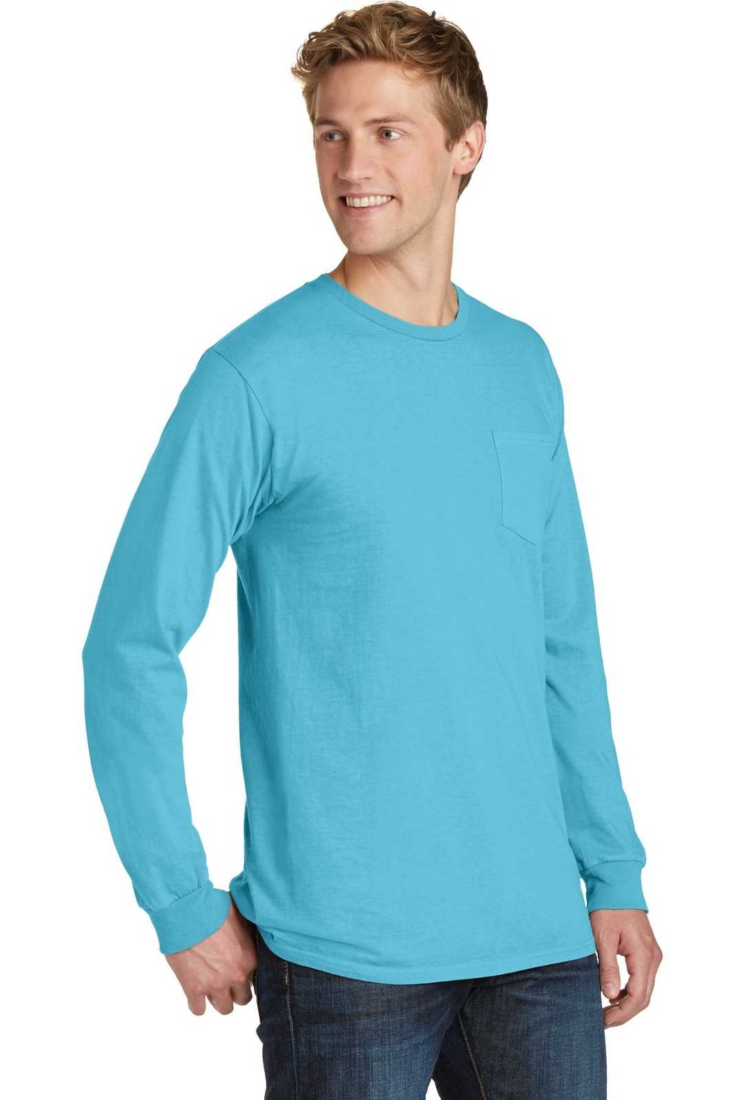 Port &amp; Company PC099LSP Beach Wash Garment-Dyed Long Sleeve Pocket Tee - Tidal Wave - HIT a Double - 4