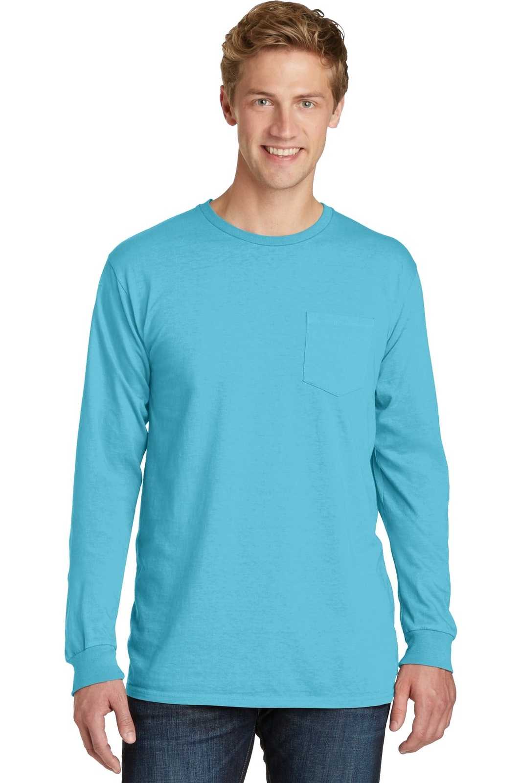Port &amp; Company PC099LSP Beach Wash Garment-Dyed Long Sleeve Pocket Tee - Tidal Wave - HIT a Double - 1