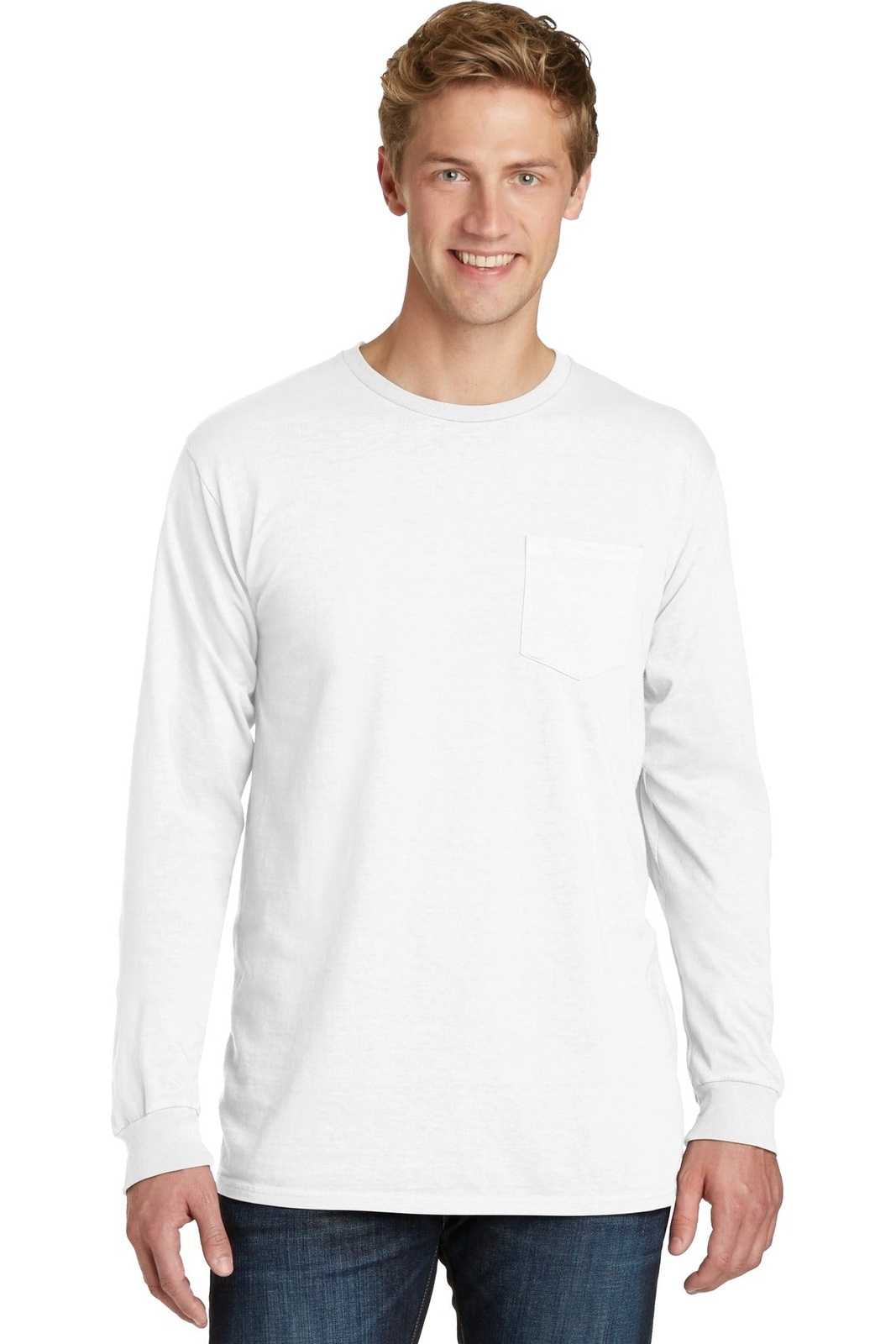 Port &amp; Company PC099LSP Beach Wash Garment-Dyed Long Sleeve Pocket Tee - White - HIT a Double - 1